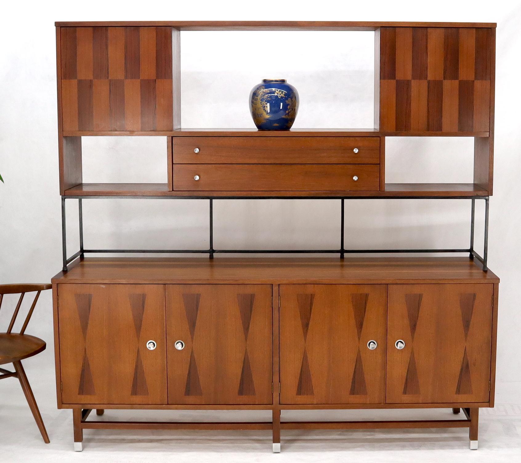 Mid-Century Modern walnut and rosewood inlay and brushed aluminum pulls hutch. Paul McCobb influence and decor match. Super clean original condition.
