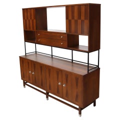 Vintage Wall Unit Long Credenza Hutch Top by Stanley in Walnut and Rosewood