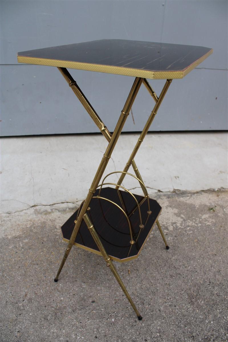Mid-20th Century Wall Unit Midcentury Italian Design Brass and Wood Magazine Rack For Sale