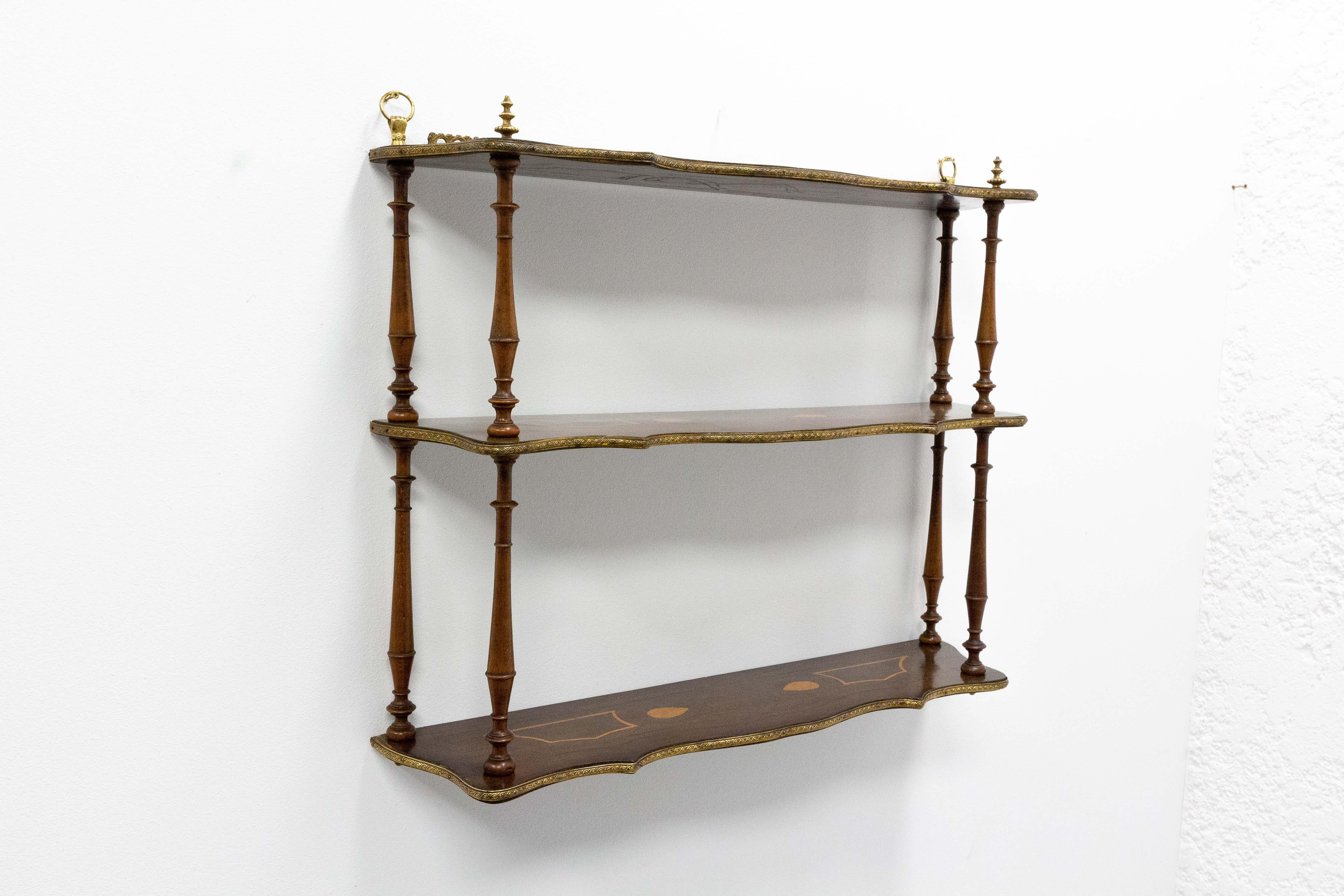 French Wall Wood Shelves Napoleon III with Brass Gallery & Marquetry, Late 19th Century For Sale