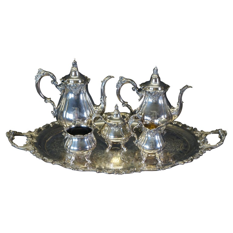 Wallace Baroque Silverplate Coffee Tea Service Set Tray Teapot Sugar