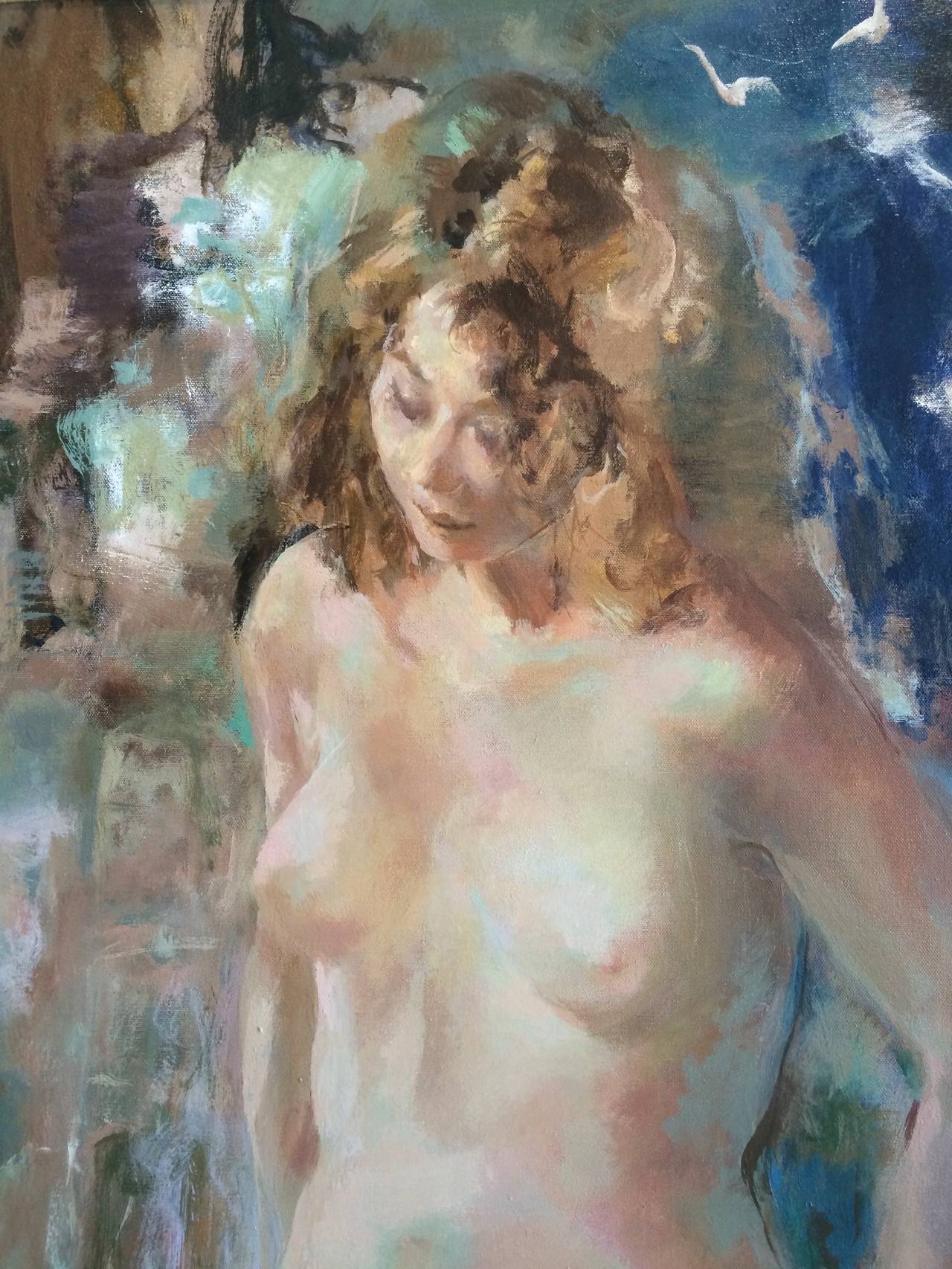Morning Swim Impressionist Nude Woman Portrait - American Impressionist Painting by Wallace Bassford