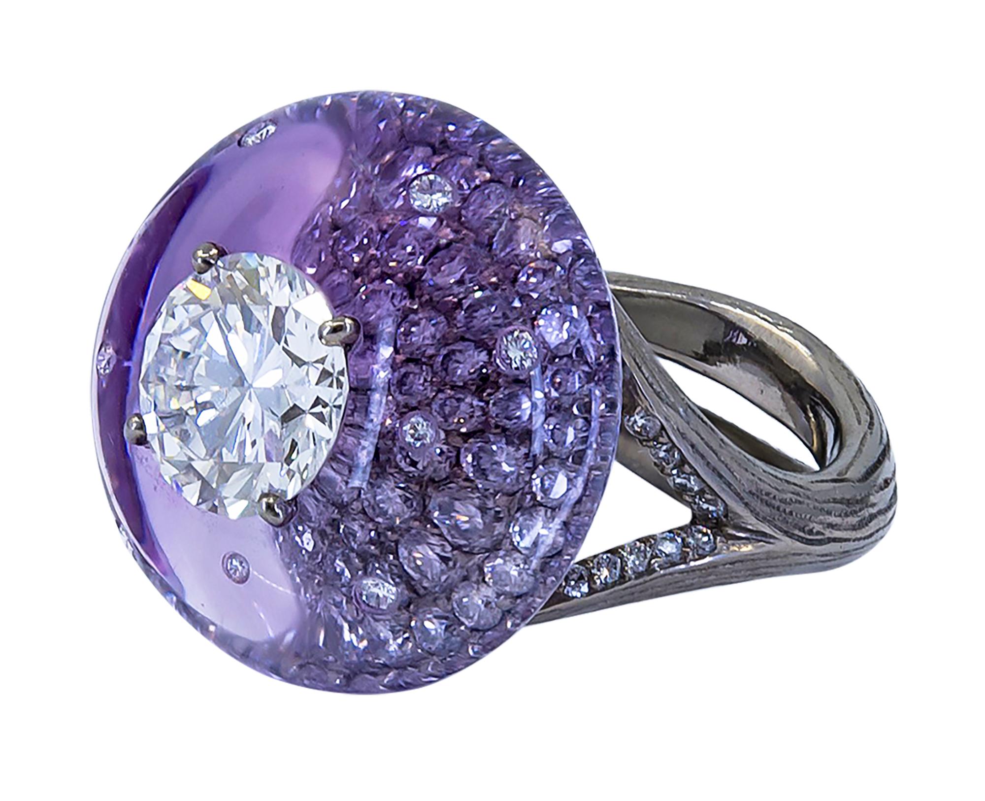 Contemporary Wallace Chan Cabochon Amethyst Diamond Titanium Ring and Earrings Set