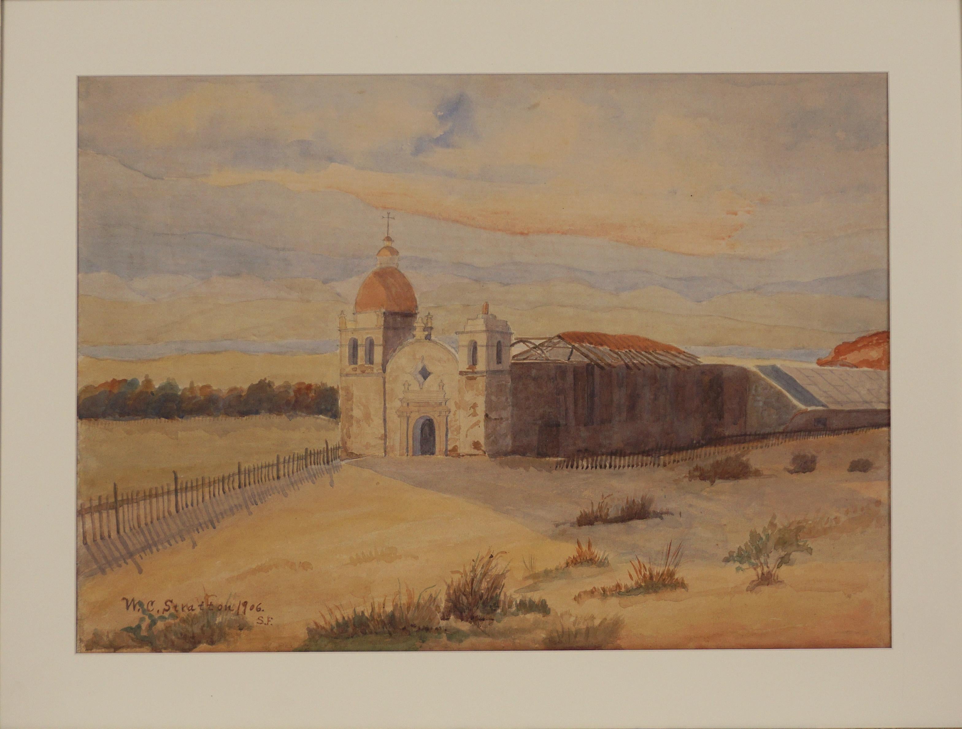 Early 20th Century Mission Carmel, California Watercolor.  - Painting by Wallace Clinton Stratton
