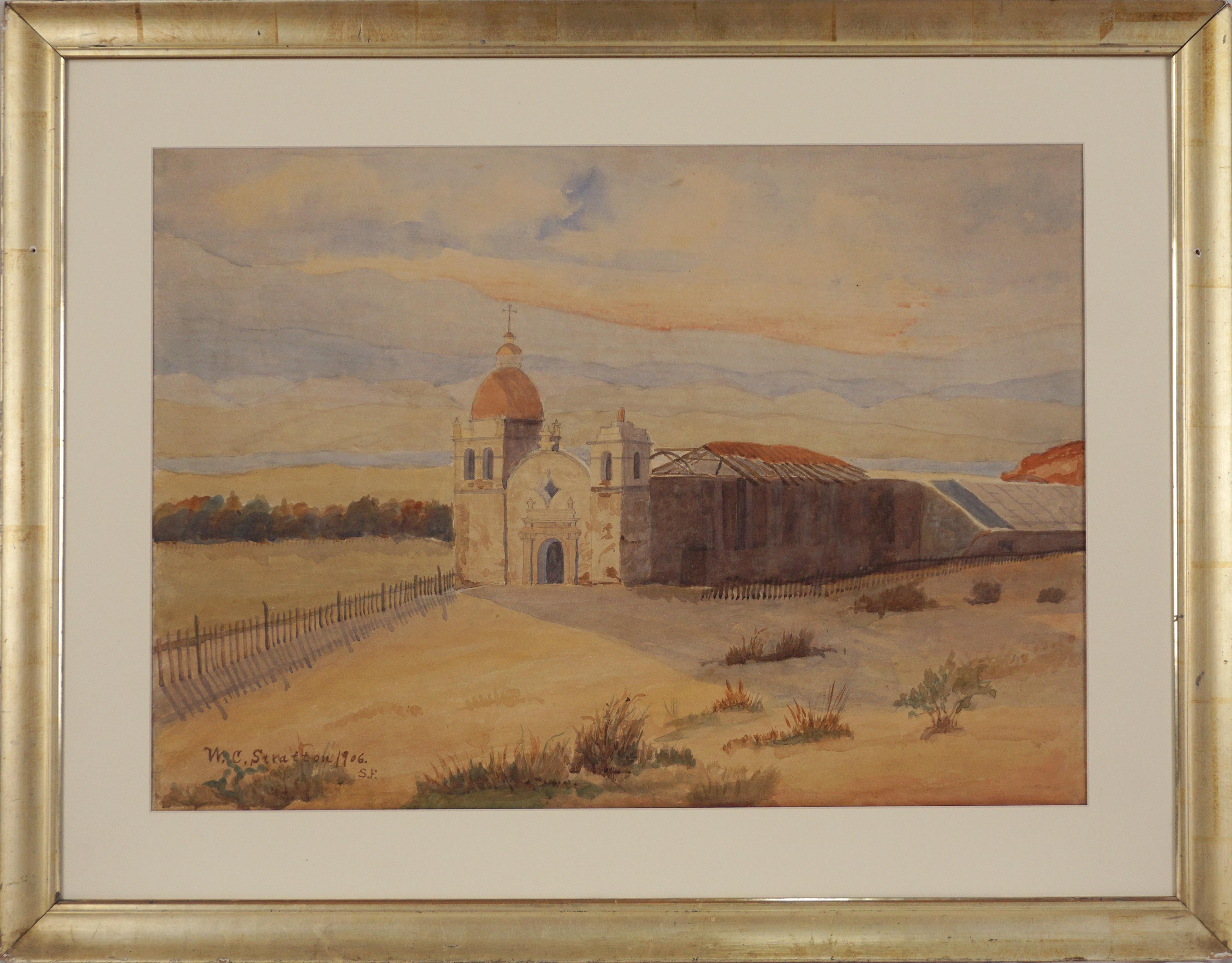 Landscape Painting Wallace Clinton Stratton - Aquarelle de Mission Carmel, Californie, début du 20e siècle 