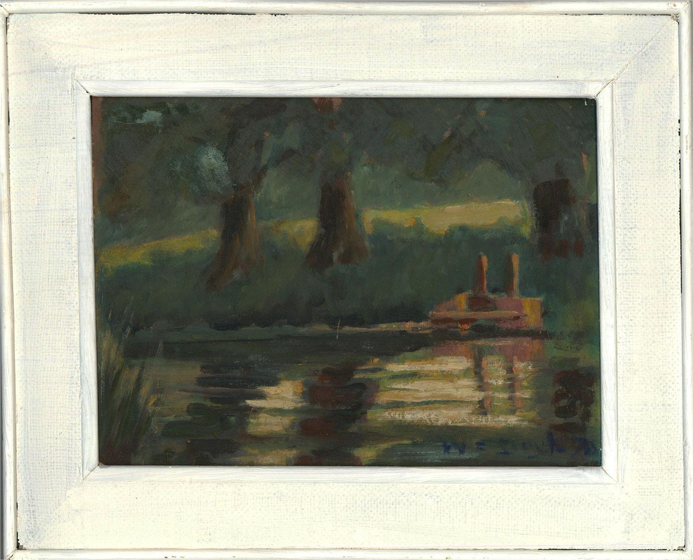 Presented in a distress-effect painted white frame. The 'Arts & Crafts Society' label to the reverse. Signed and dated. On board.
