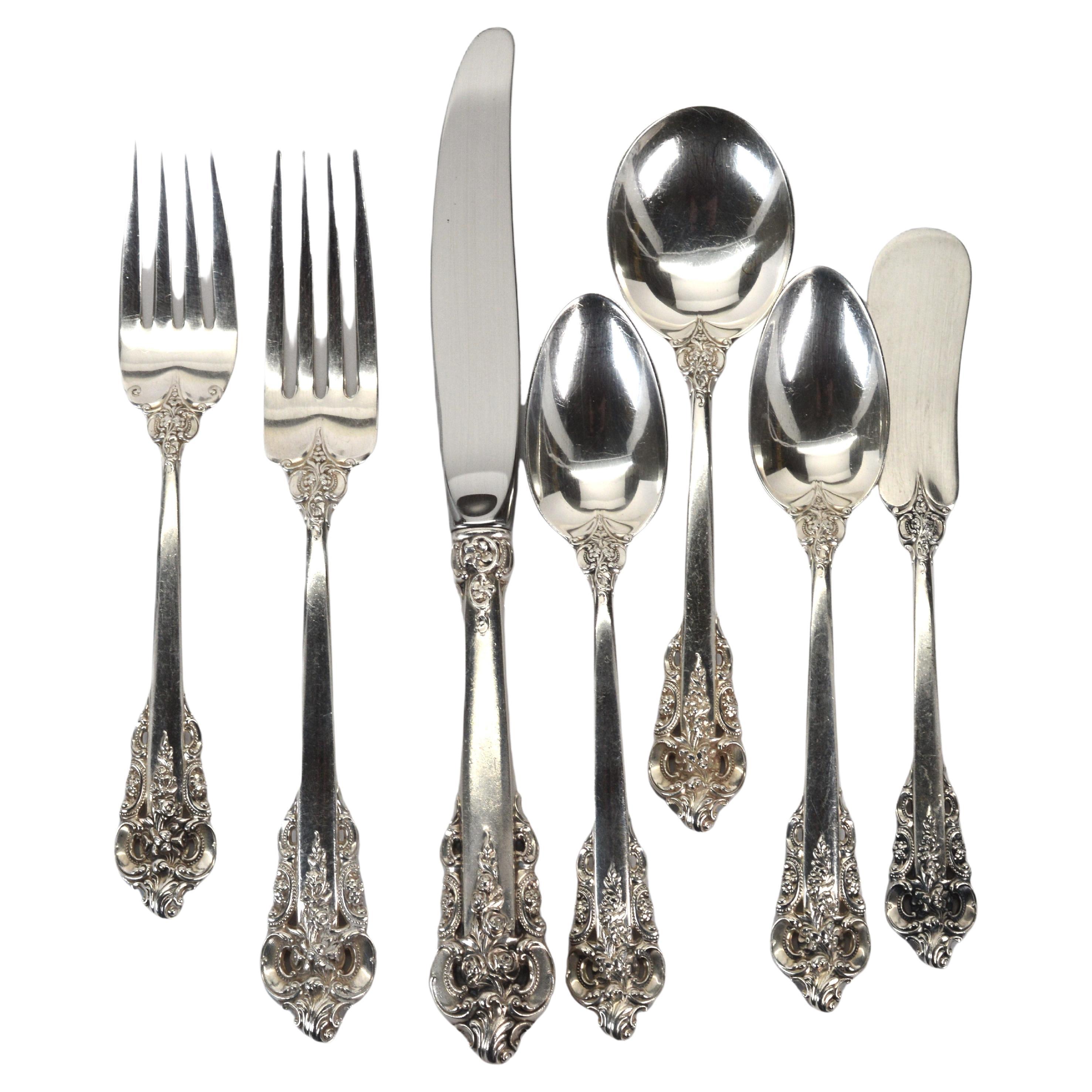 Wallace Grand Baroque Sterling Silver Flatware 7P Service for 12 w Utensils