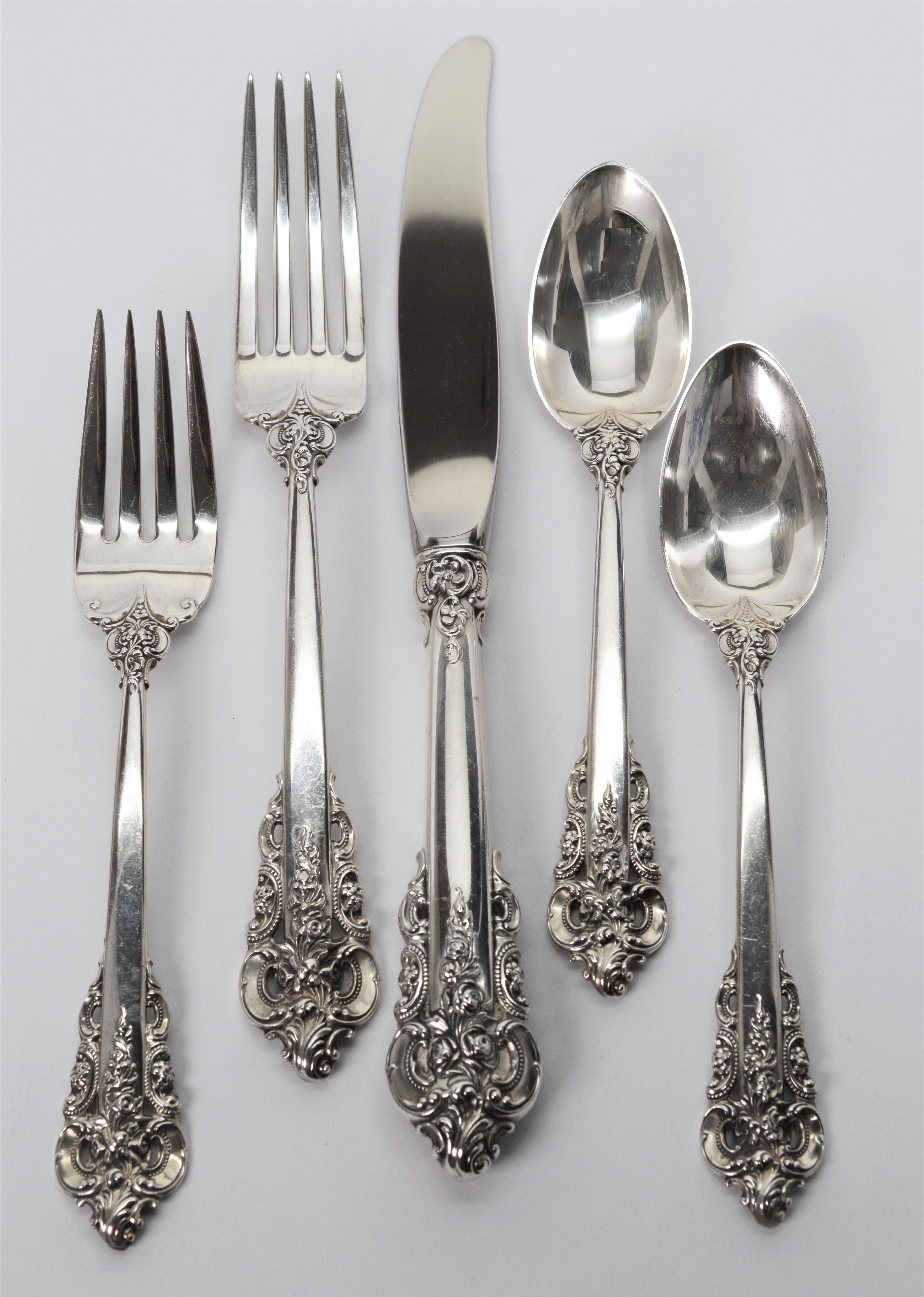 Wallace Grand Baroque Sterling Silver Flatware, Five Piece Place Setting In Good Condition For Sale In Mount Kisco, NY