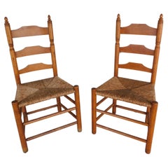 Antique Wallace Nutting #393 Pilgrim Ladder Back Side Chairs - a Pair
