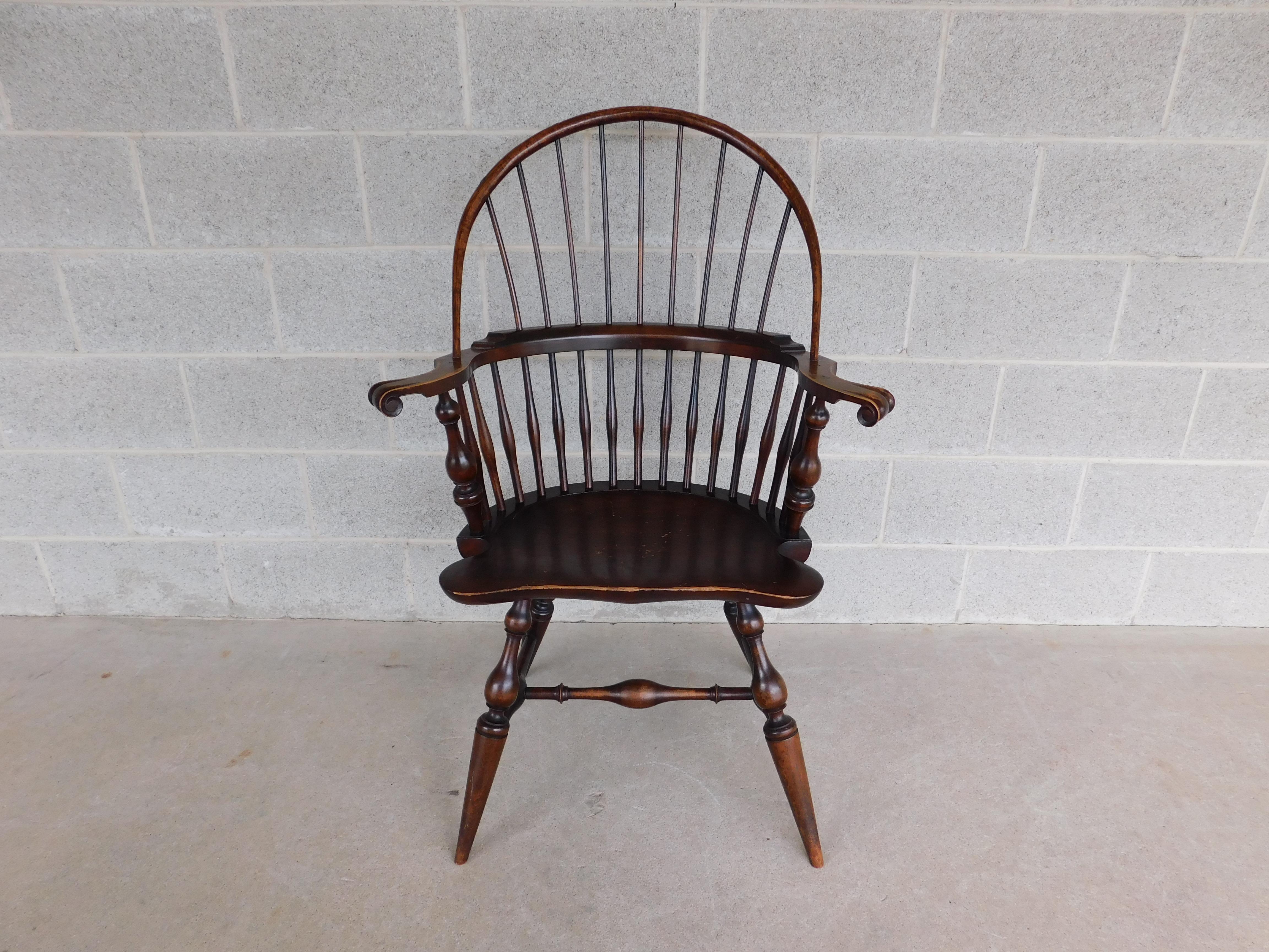 Wallace Nutting #420 Bow Back Windsor Arm Chair

Circa 1900 - 1925 Original Finish and Paper Label

Turned Legs, Various Hardwoods Used, and Pine. Sturdy Construction 
( Hickory, Maple, and Pine )

Back Height 41.5