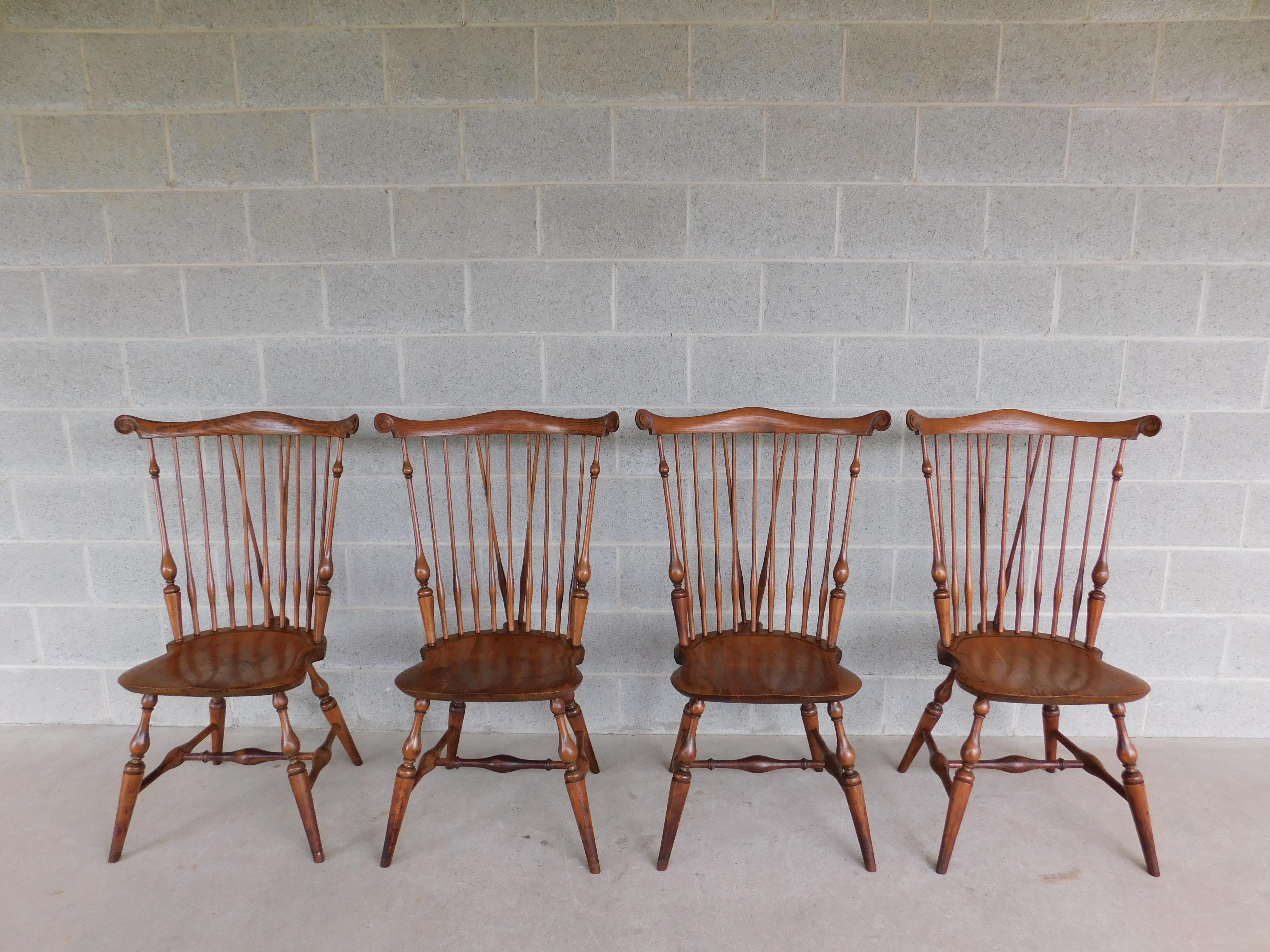 Wallace Nutting Brace Back Windsor Side Chairs #326 - Set of 4

Circa 1900 - 1925 Original Finish and Paper Label

Turned Legs, Various Hardwoods Used, Sturdy Construction

Back Height 40.5