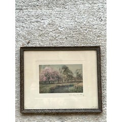 Lámina de un paisaje de Wallace Nutting, coloreada a mano, en marco de madera