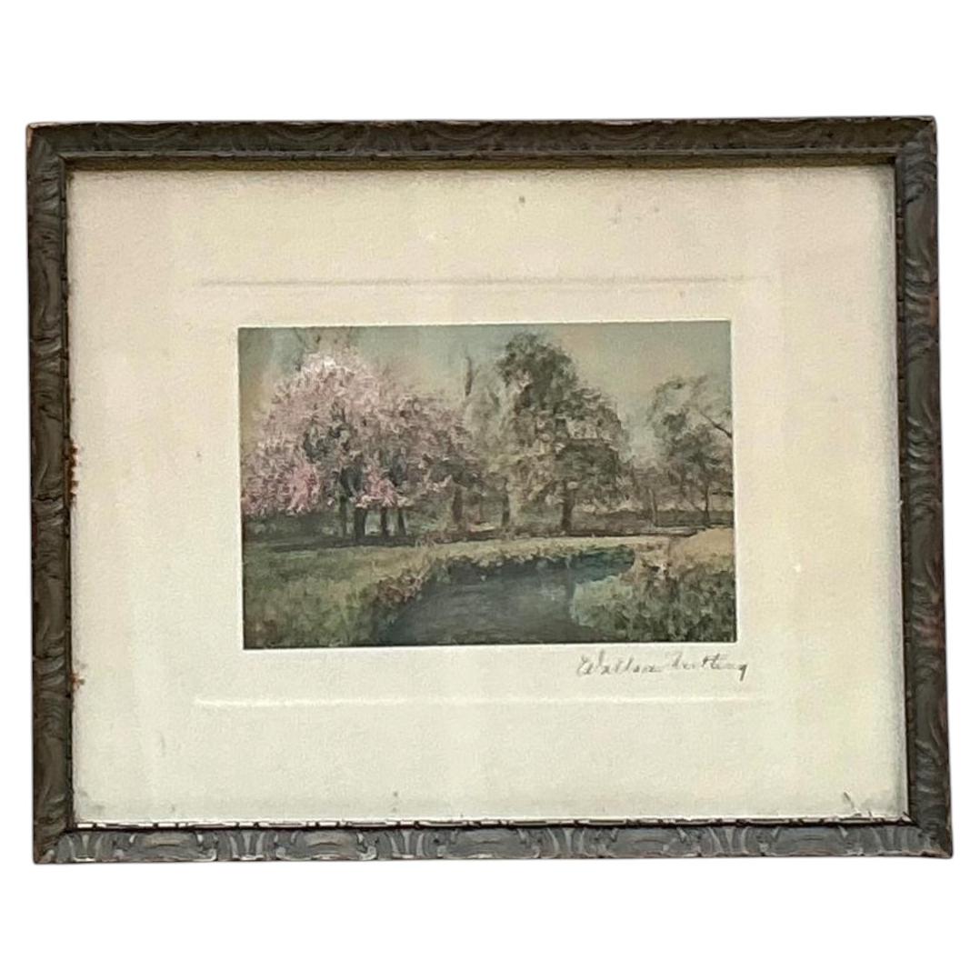Estampe de paysage de Wallace Nutting, colorée à la main, dans un cadre en bois