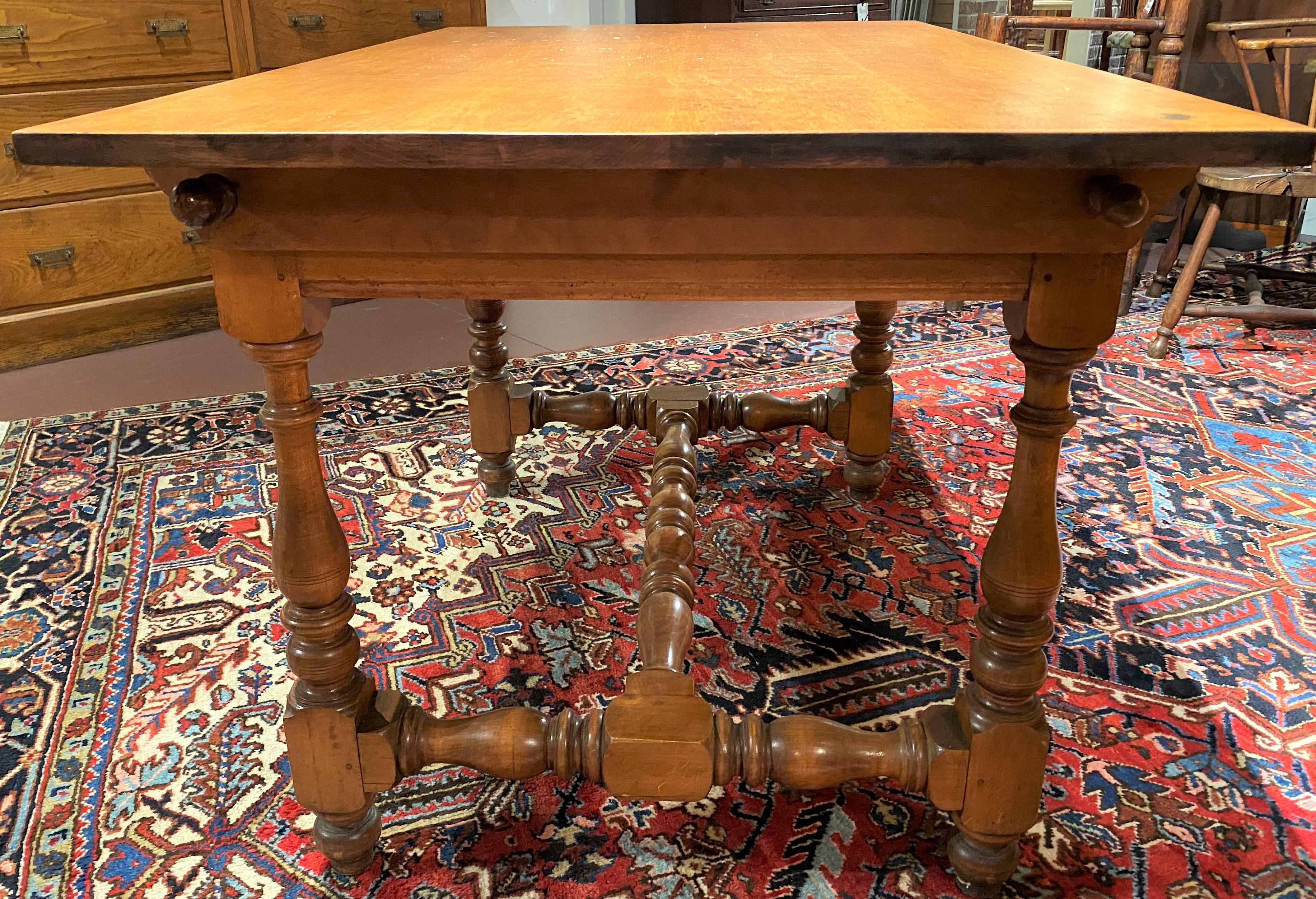 Colonial Revival Wallace Nutting Signed Maple Tavern Table with Bold Turned Legs & Stretchers
