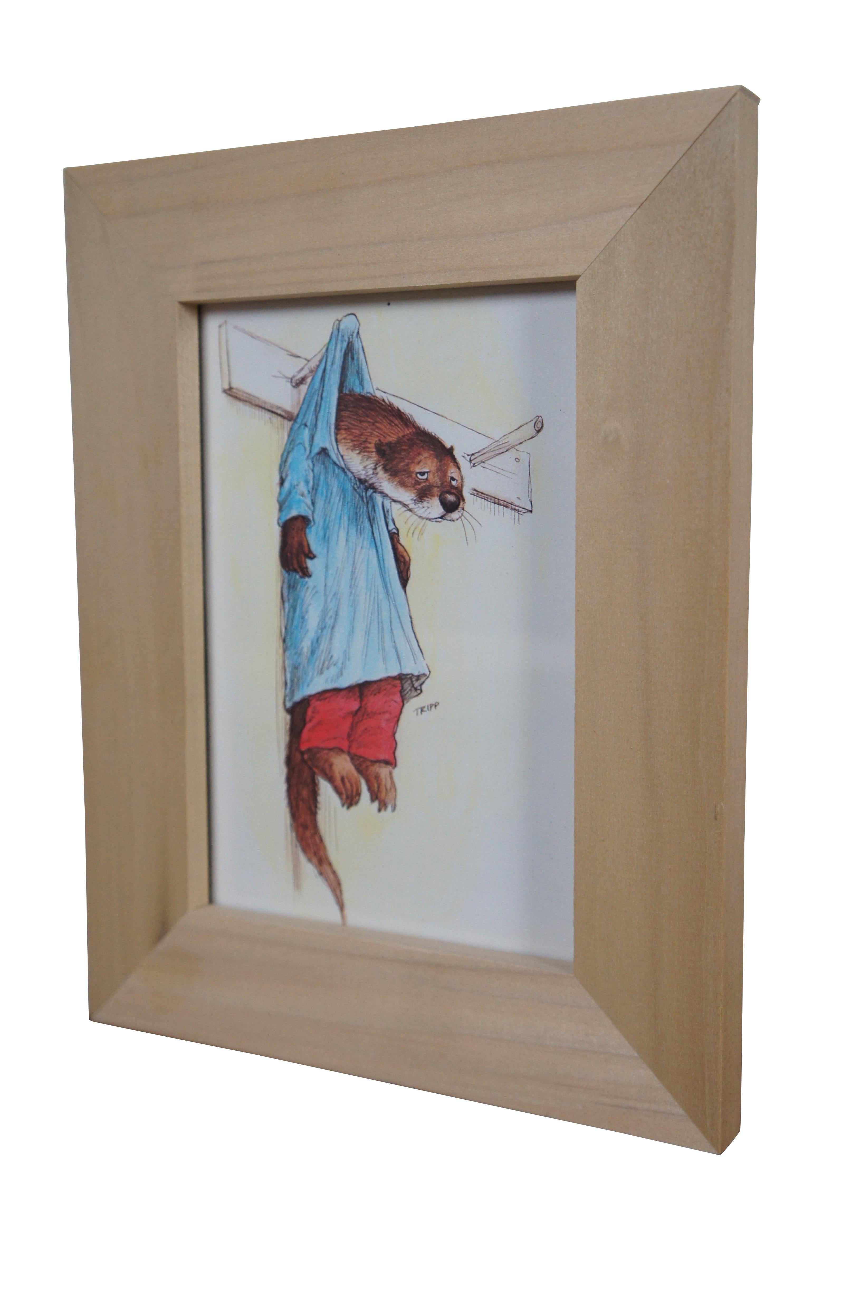 Vintage Wallace Tripp framed greeting card print featuring an Otter hanging out to dry on a coat rack peg.

Wallace Whitney Tripp was an American illustrator, anthologist and author. He was known for creating anthropomorphic animal characters of
