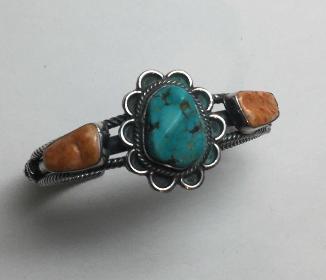 Mixed Cut Wallace Yazzie Jr. Navajo Sterling Silver Turquoise Spiny Oyster Bracelet