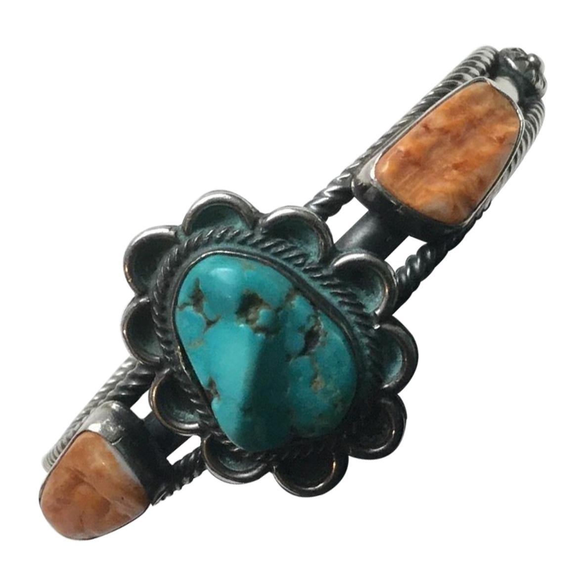 Wallace Yazzie Jr. Navajo Sterling Silver Turquoise Spiny Oyster Bracelet