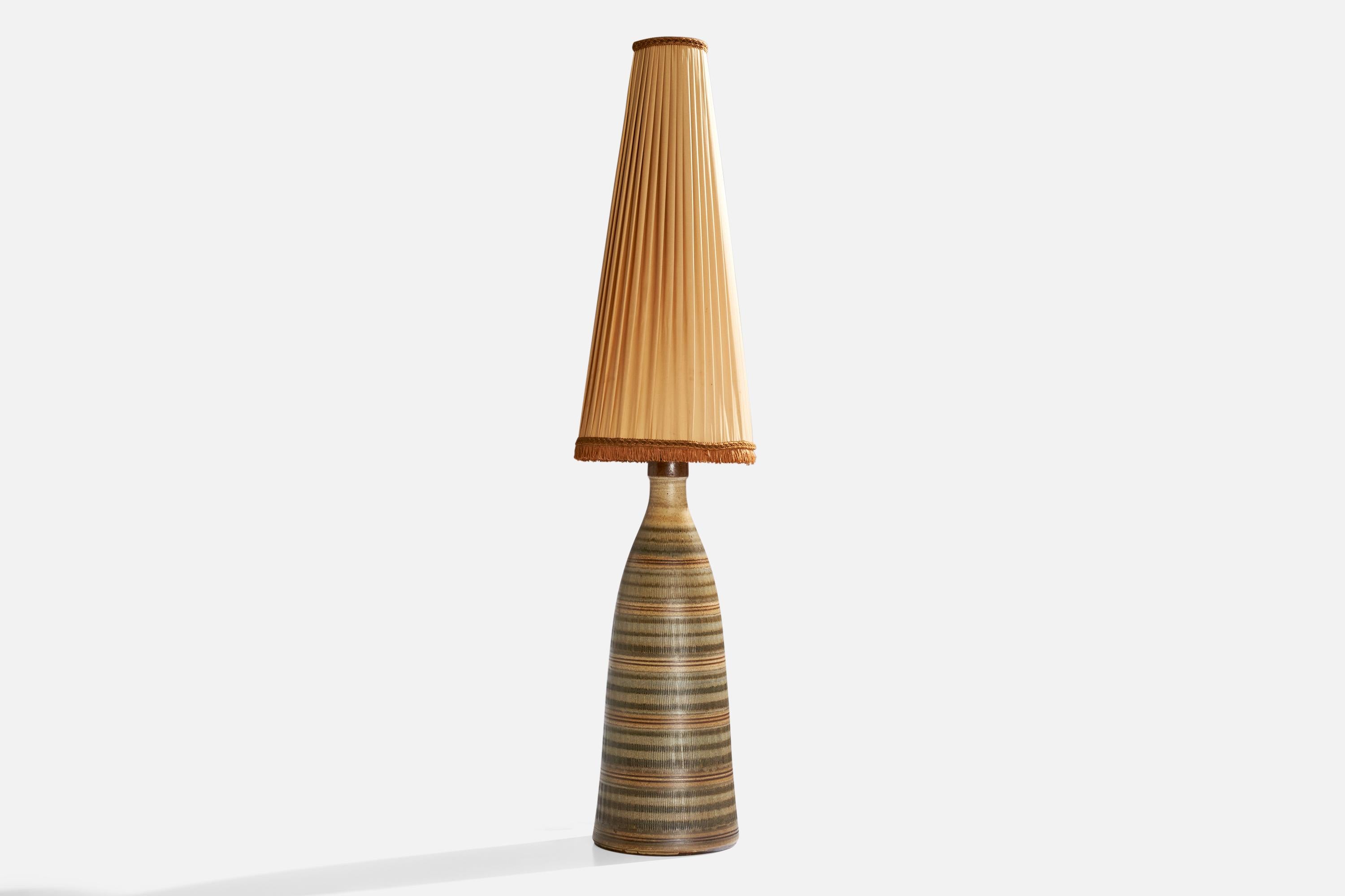 Wallåkra, Floor Lamp, Stoneware, Brass, Fabric, Sweden, 1950s For Sale