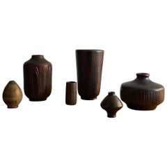 Wallåkra Keramik, 6 Vases, Earth-Tones, Glazed Stoneware, Sweden, 1960s