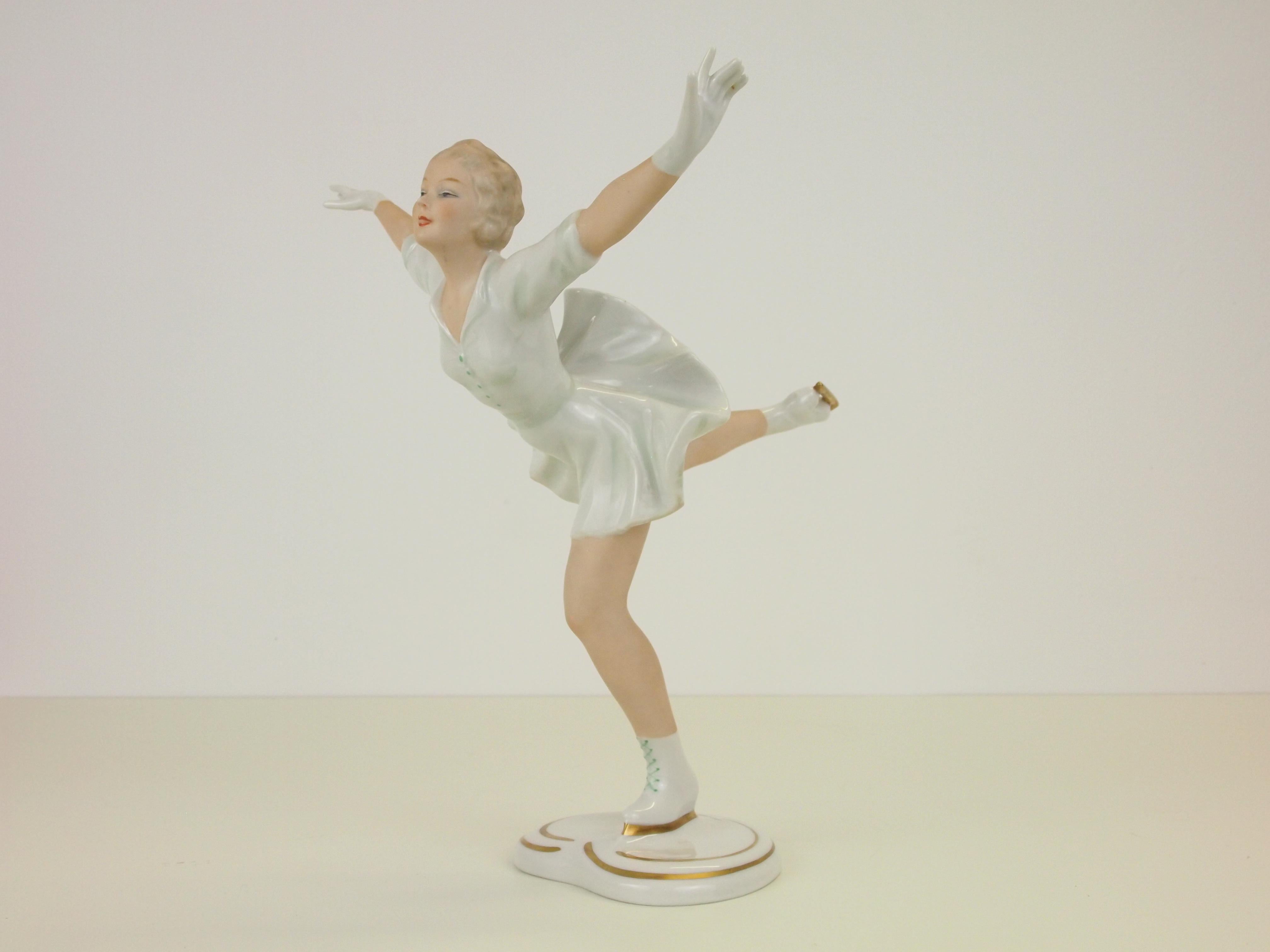 Art Deco Wallendorf Midcentury German Porcelain Figurine Depicting a Figure Skater For Sale