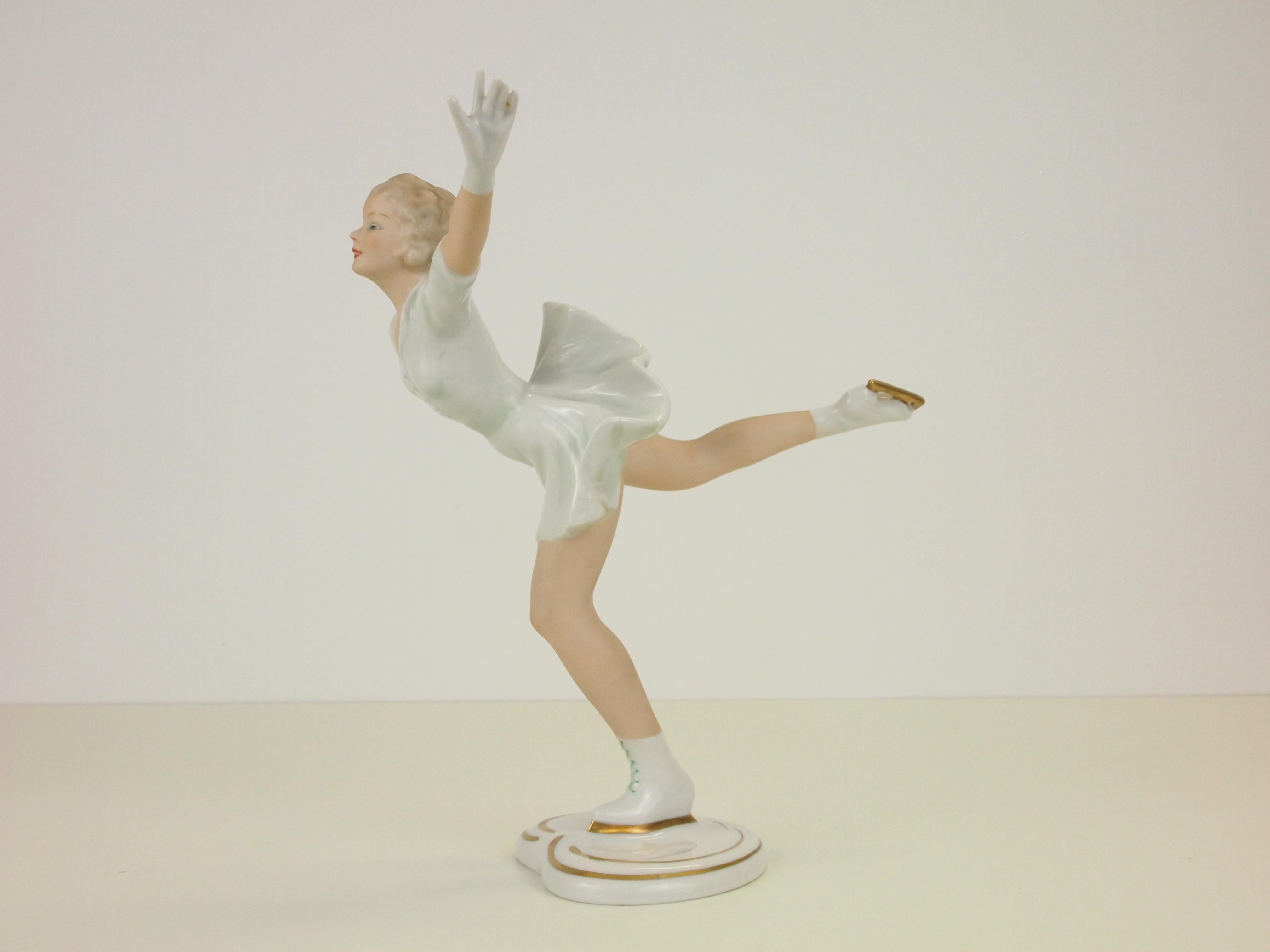 Hand-Painted Wallendorf Midcentury German Porcelain Figurine Depicting a Figure Skater For Sale
