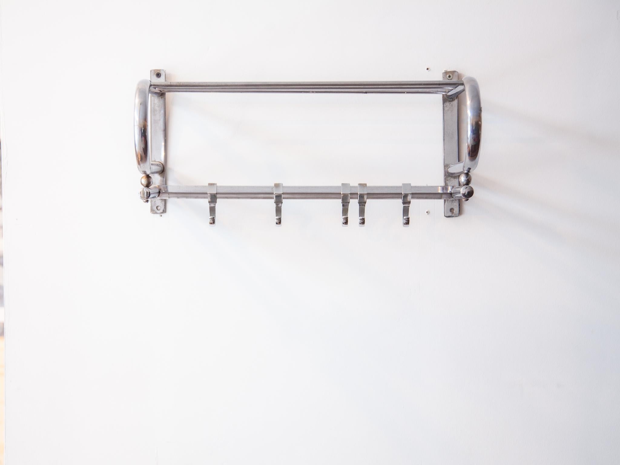 Bauhaus Wall hanging coat rack 1950s, Belgium, vintage chrome wall hanging coat rack with five chrome hooks. Perfect for small homes when everything’s in harmony and organized, even the tiniest space can feel expansive and refreshingly Minimalist.