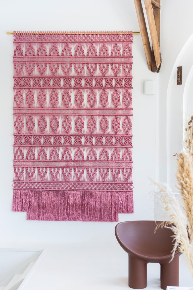 WallHanging Pink Metallic Rope Art Wall Art Fiber Art Wall Tapestry macrame For Sale at 1stDibs pink tapestry fiber art wall hanging fiber wall art