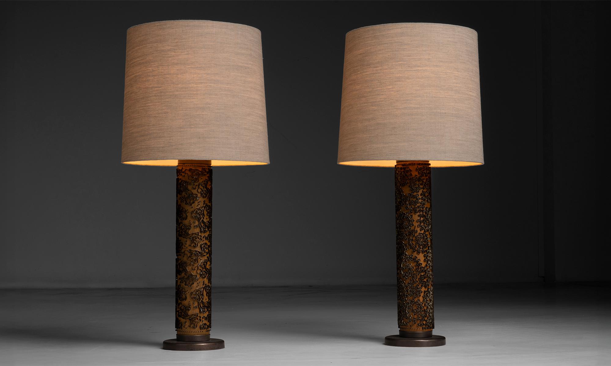 Denmark, 1950
Brass and Wood Wallpaper Cylinders now mounted as table lamps. One inscribed Copenhagen Denmark. With newly made linen shades.
19”dia x 41”h
$ 4,800 pair