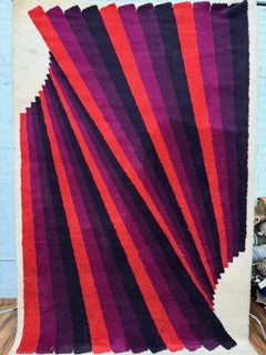 Wally's France Tan Background Red Purple Lines UNUSED Rya Rug Modern Mid Century
