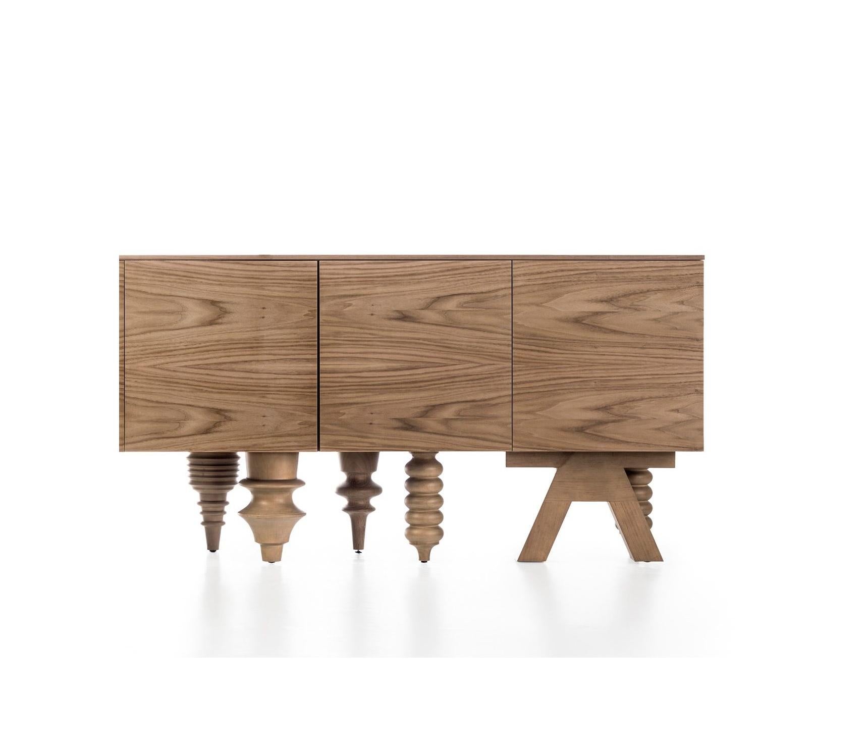 Walnut 1.5 meter Multileg cabinet by Jaime Hayon
Dimensions: D 50 x W 150 x H 80 cm 
Materials: container and frontal panels in 19mm MDF and shelves in 25mm MDF. Inside, back panel, doors, and tops in varnished or nature effect walnut. Legs in