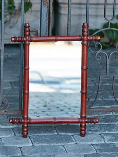 Walnut 1920s French Faux-Bamboo Small Mirror with Brown Color and Reeded Accents