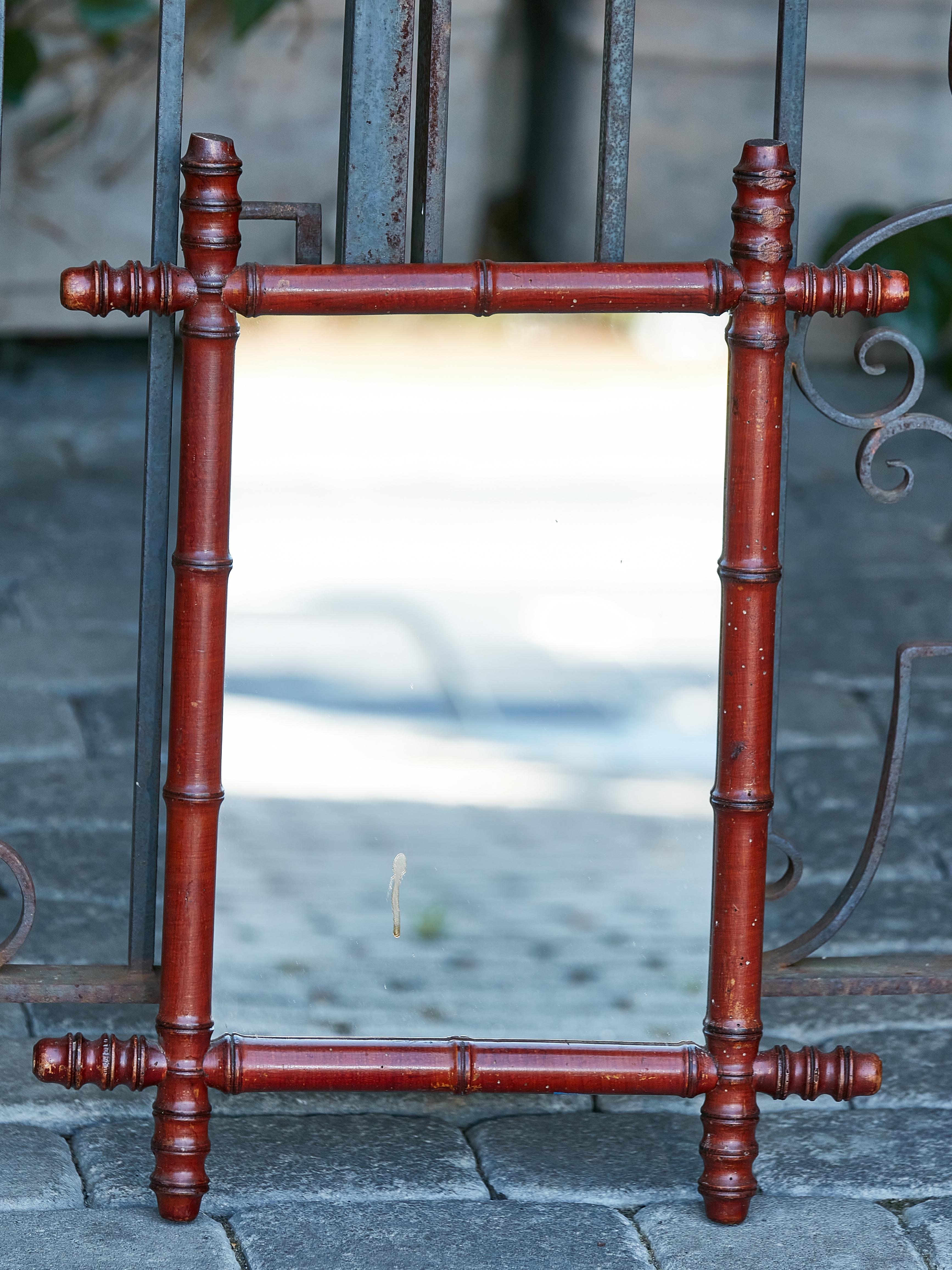 Faux Bamboo Walnut 1920s French Faux-Bamboo Small Mirror with Brown Color and Reeded Accents