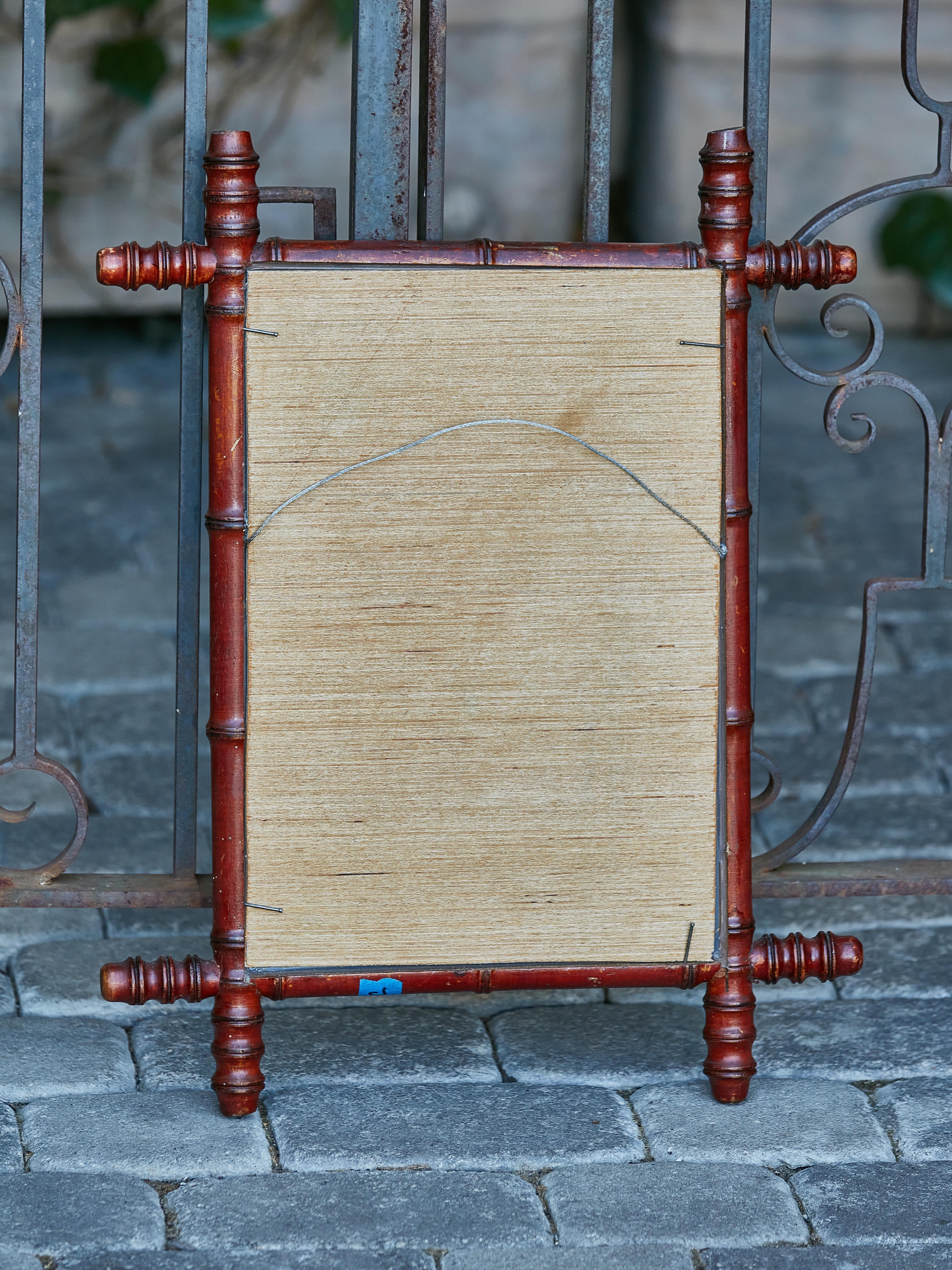 Walnut 1920s French Faux-Bamboo Small Mirror with Brown Color and Reeded Accents 1