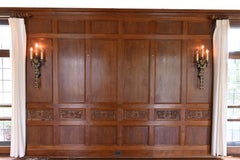 Walnut 1929 Paneled Complete Great Room Carved with Mantle & 4 French Doors