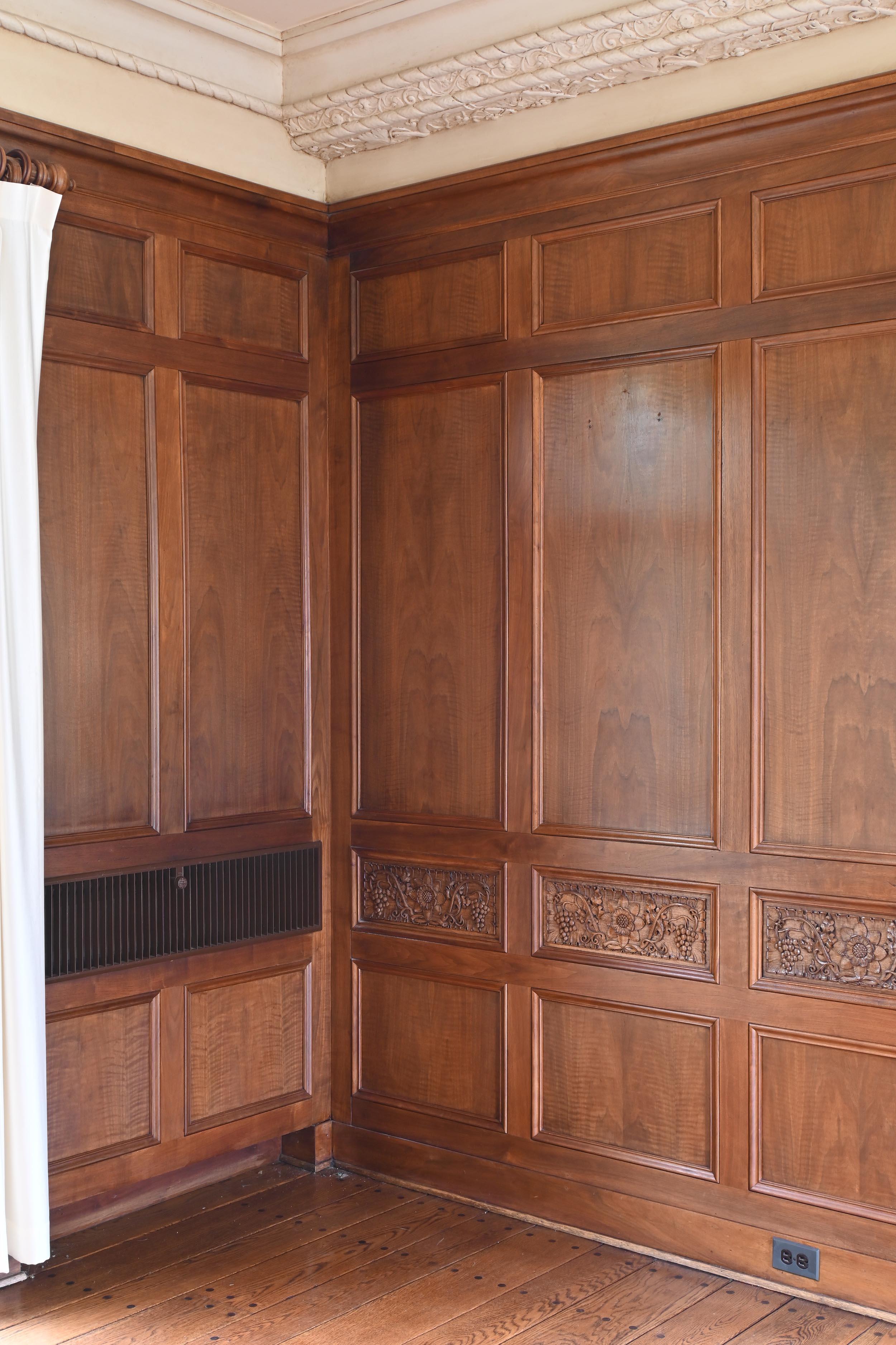 Arts and Crafts Walnut 1929 Paneled Complete Great Room Carved with Mantle & 4 French Doors For Sale
