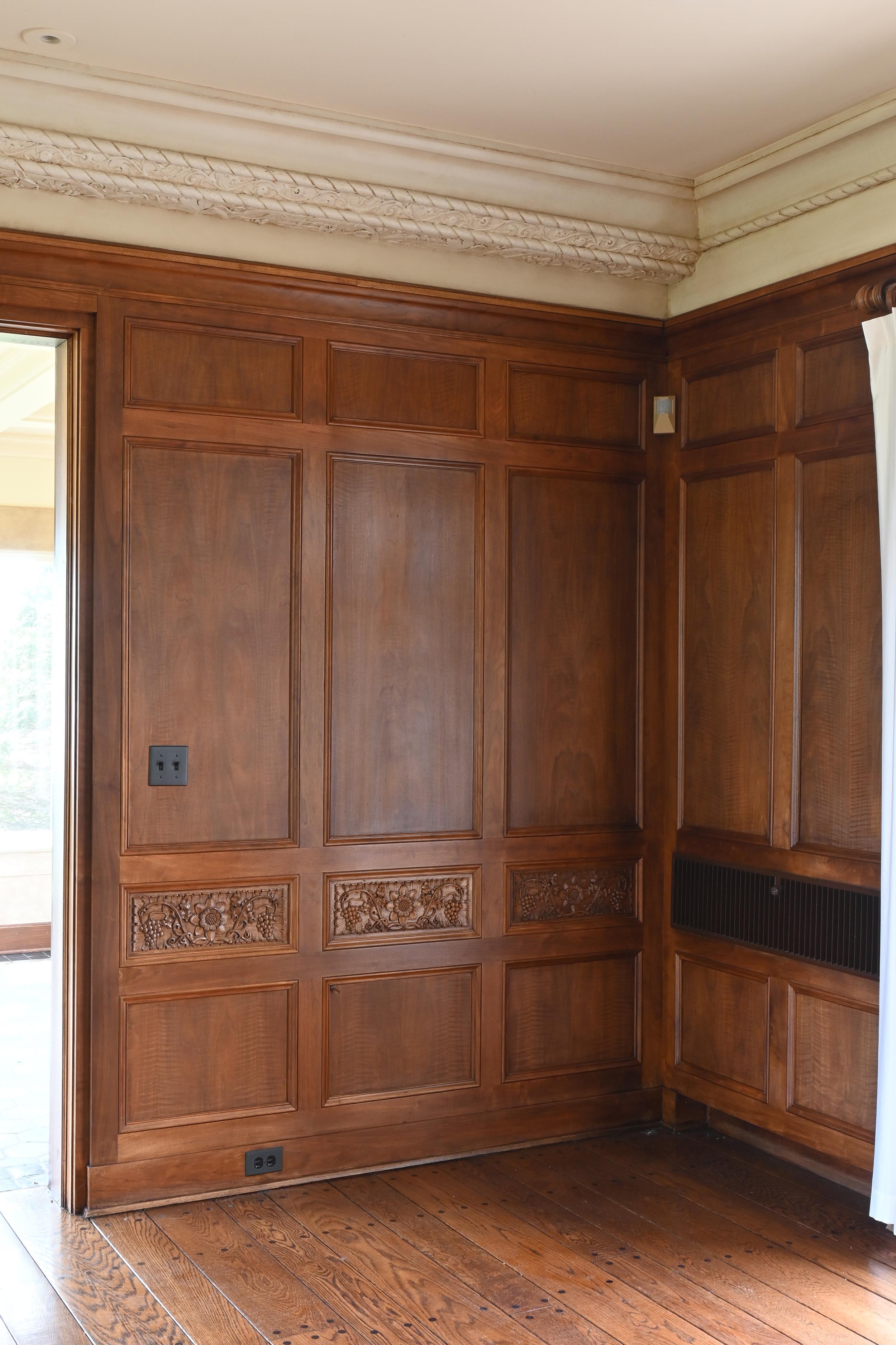 Hand-Carved Walnut 1929 Paneled Complete Great Room Carved with Mantle & 4 French Doors For Sale