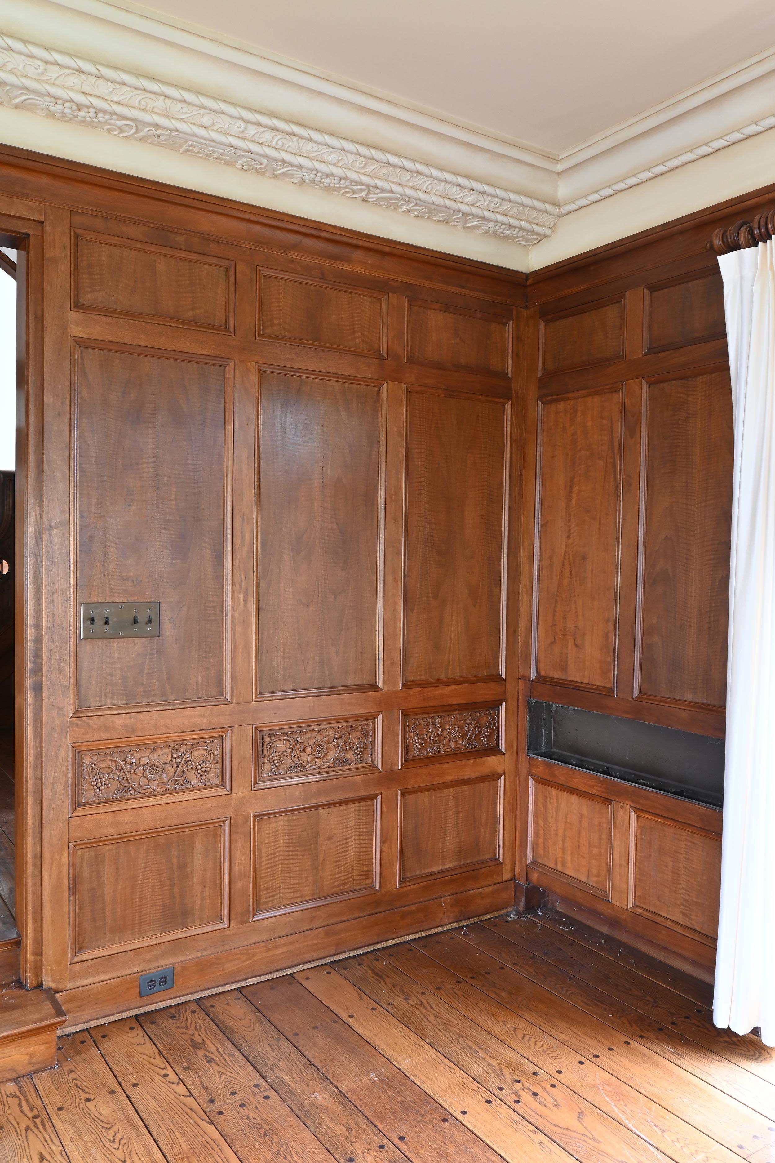 Walnut 1929 Paneled Complete Great Room Carved with Mantle & 4 French Doors For Sale 1