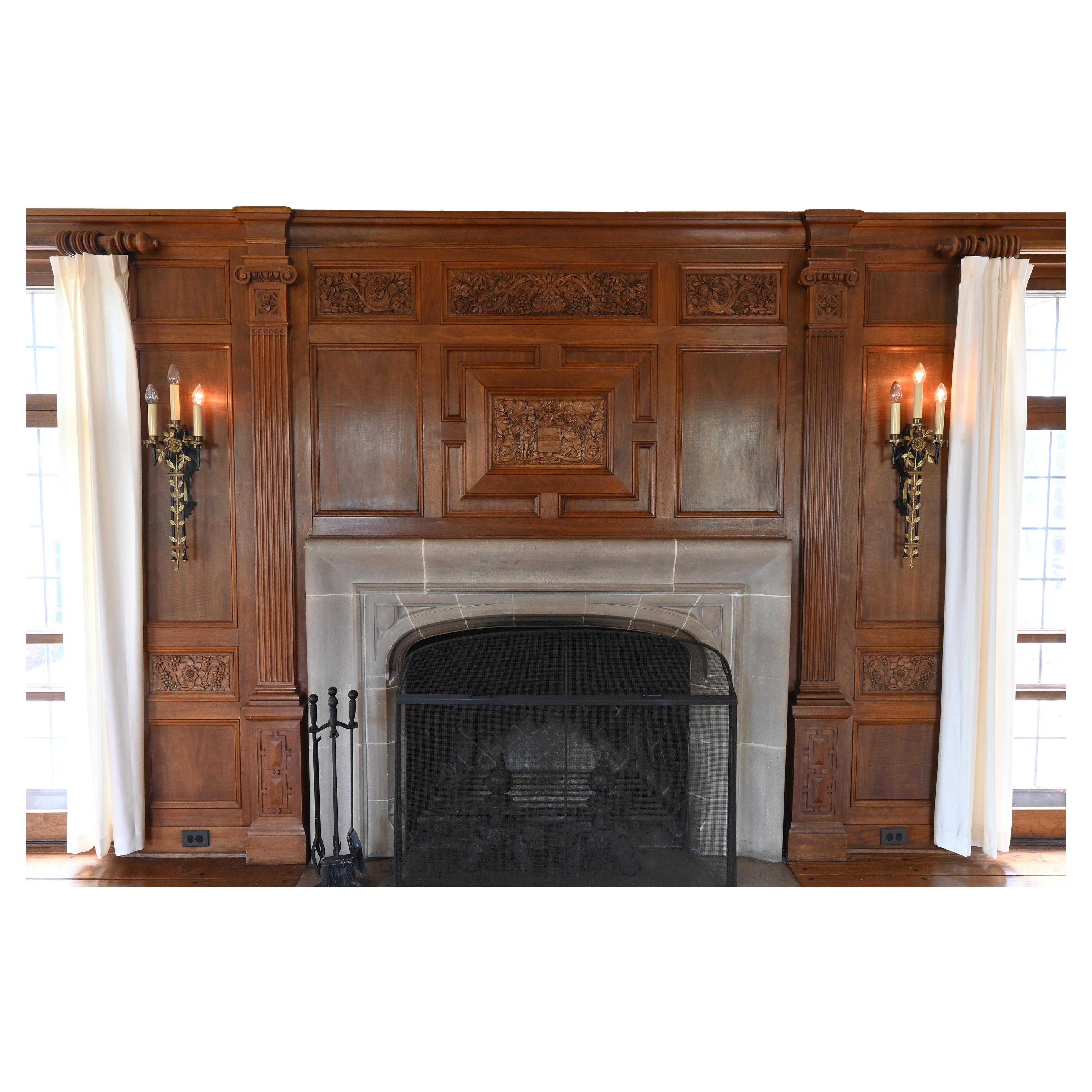 Walnut 1929 Paneled Complete Great Room Carved with Mantle & 4 French Doors For Sale