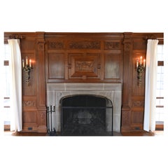 Walnut 1929 Paneled Complete Great Room Carved with Mantle & 4 French Doors