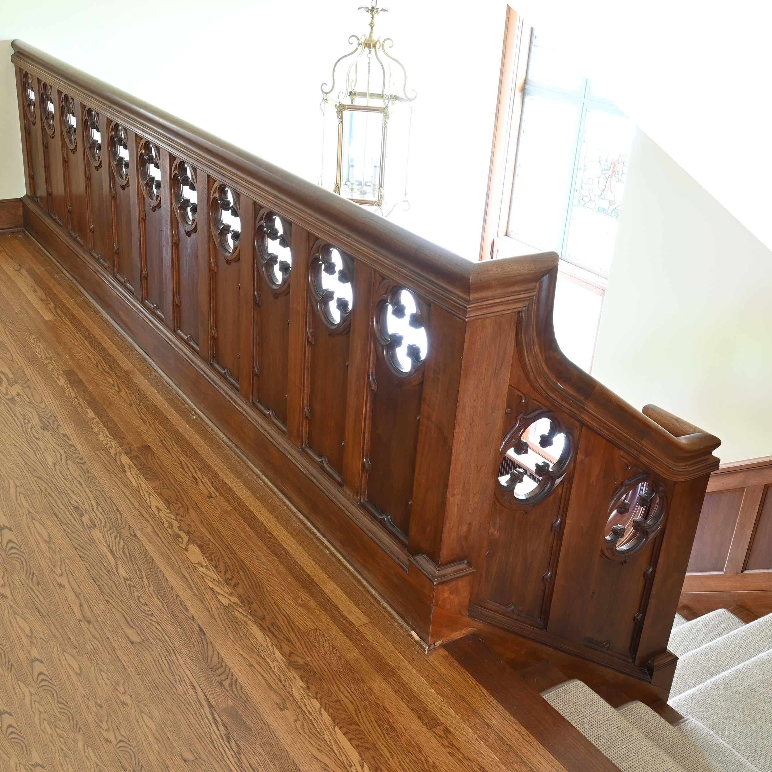 Early 20th Century Walnut 1929 Stair Case with 2 Landings & Carved Railing & Newel For Sale
