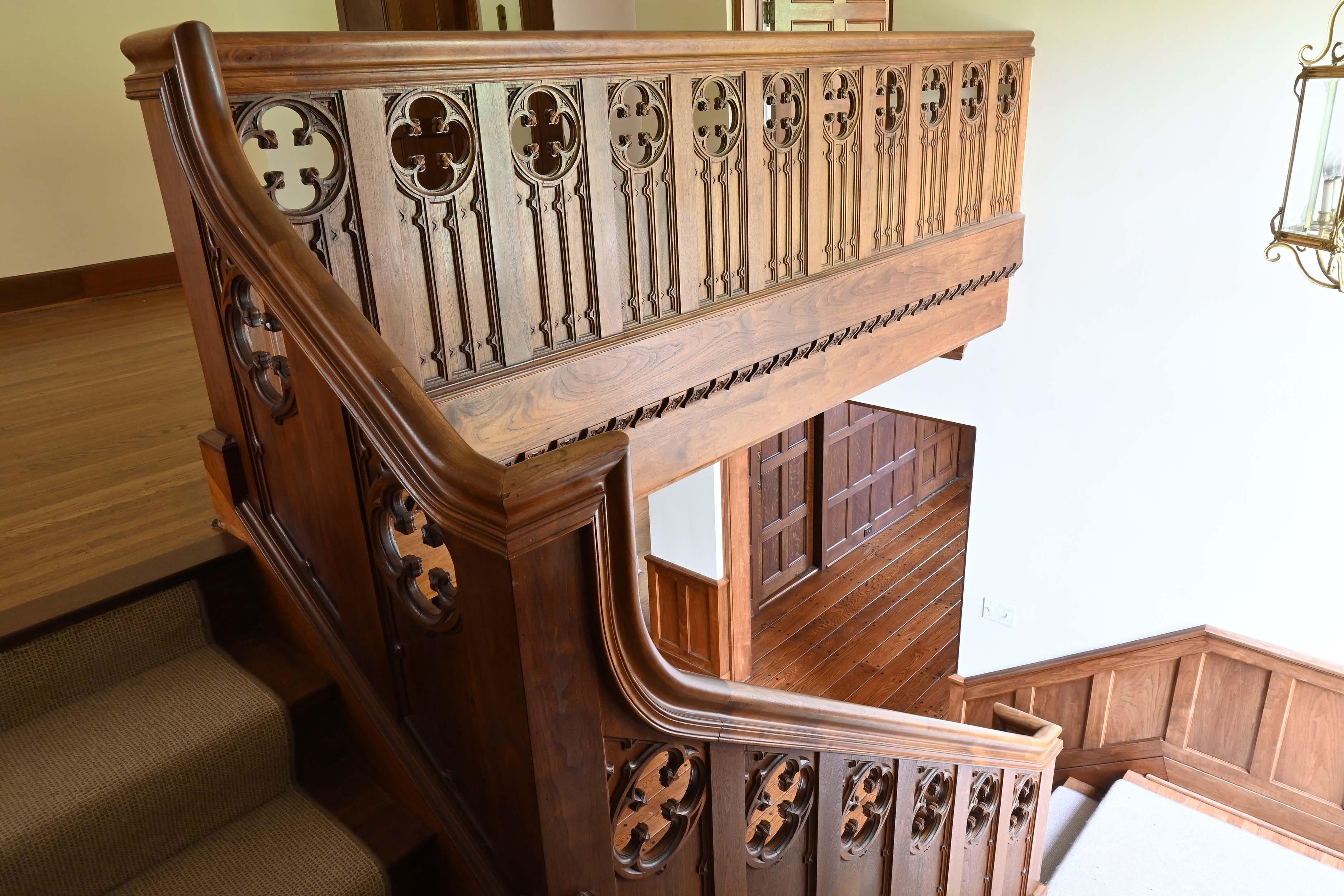 Walnut 1929 Stair Case with 2 Landings & Carved Railing & Newel For Sale 2