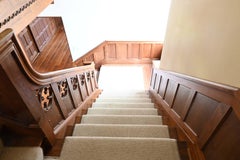 Walnut 1929 Stair Case with 2 Landings & Carved Railing & Newel