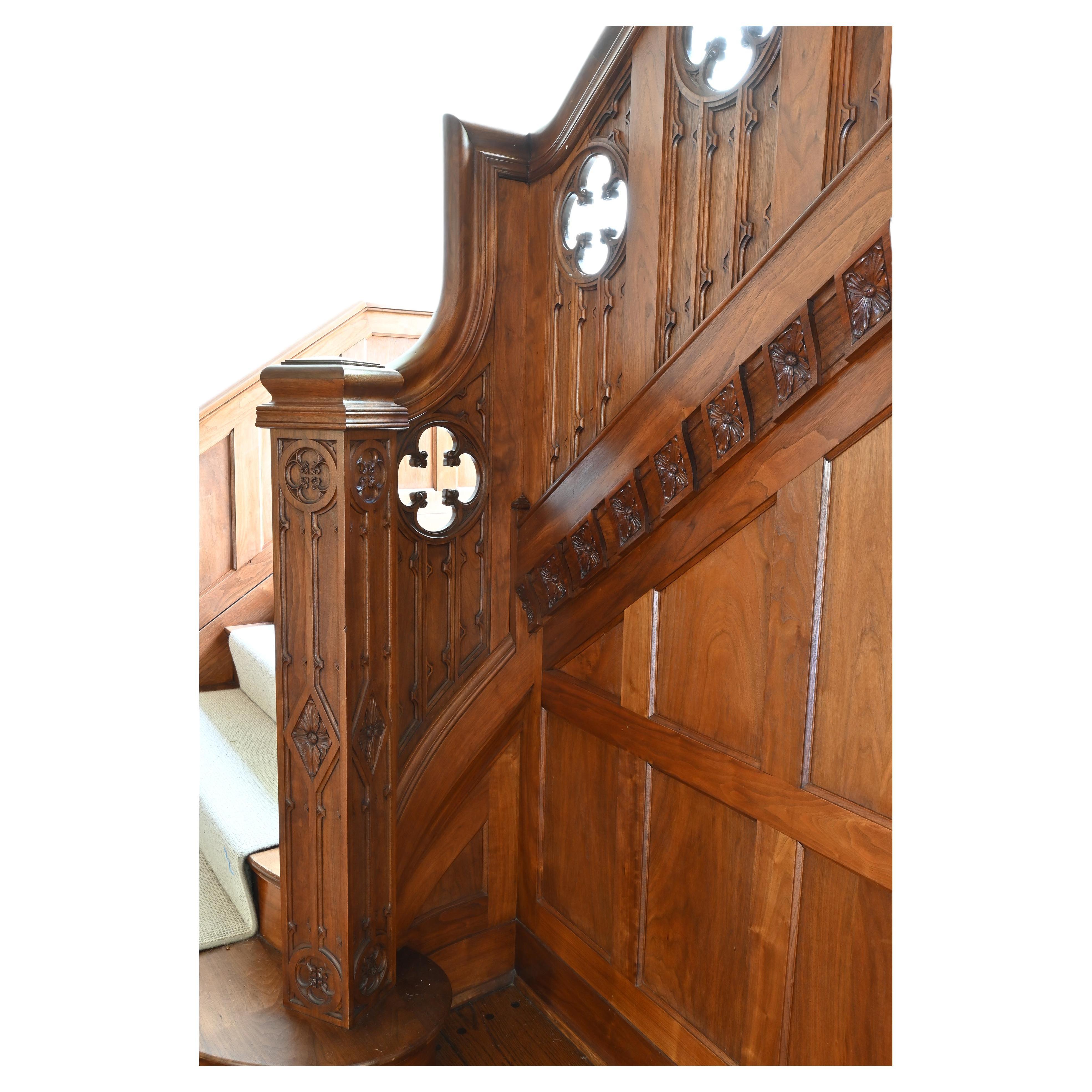 Walnut 1929 Stair Case with 2 Landings & Carved Railing & Newel For Sale