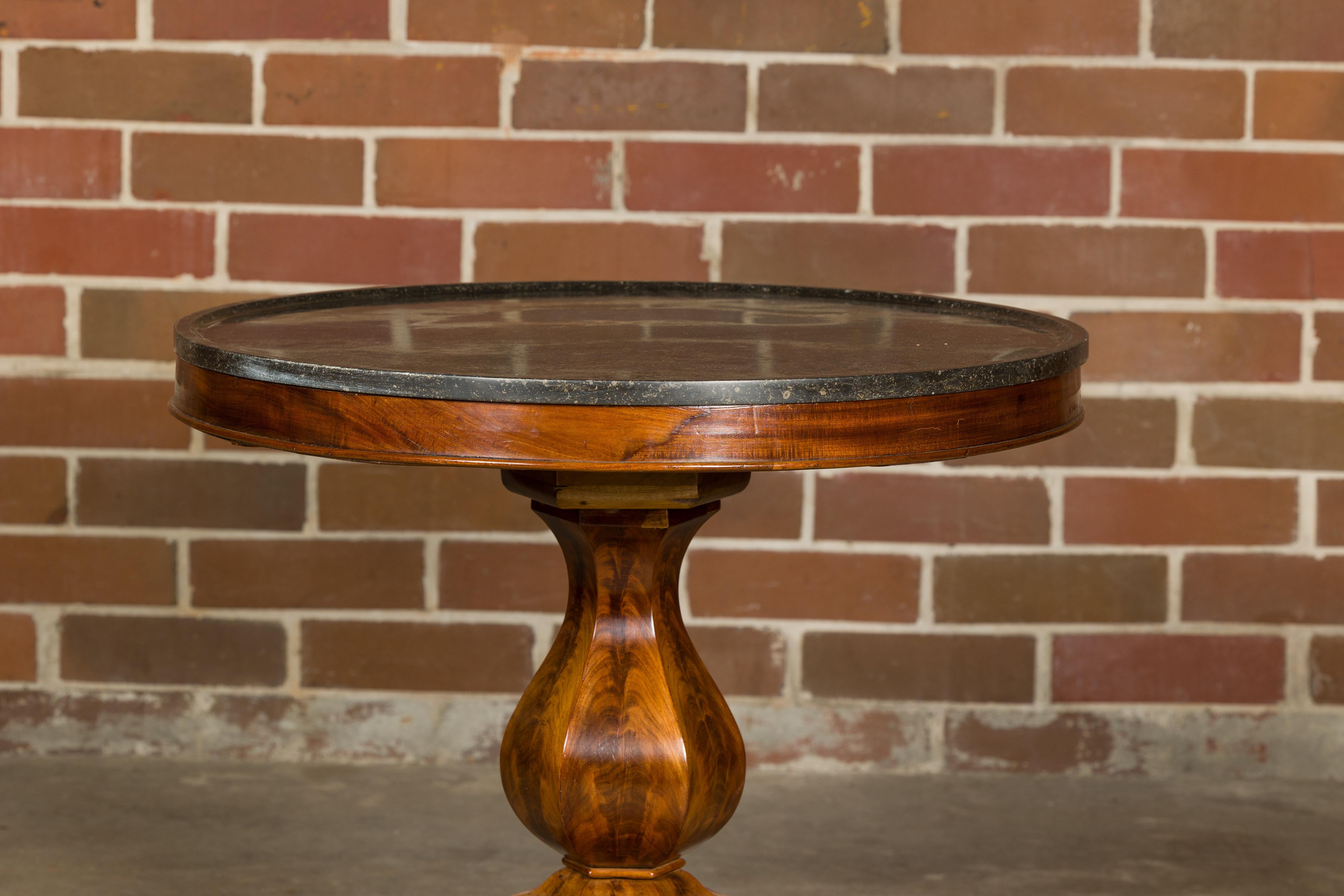Carved Walnut 19th Century French Pedestal Table with Black Marble Top and Tripod Base