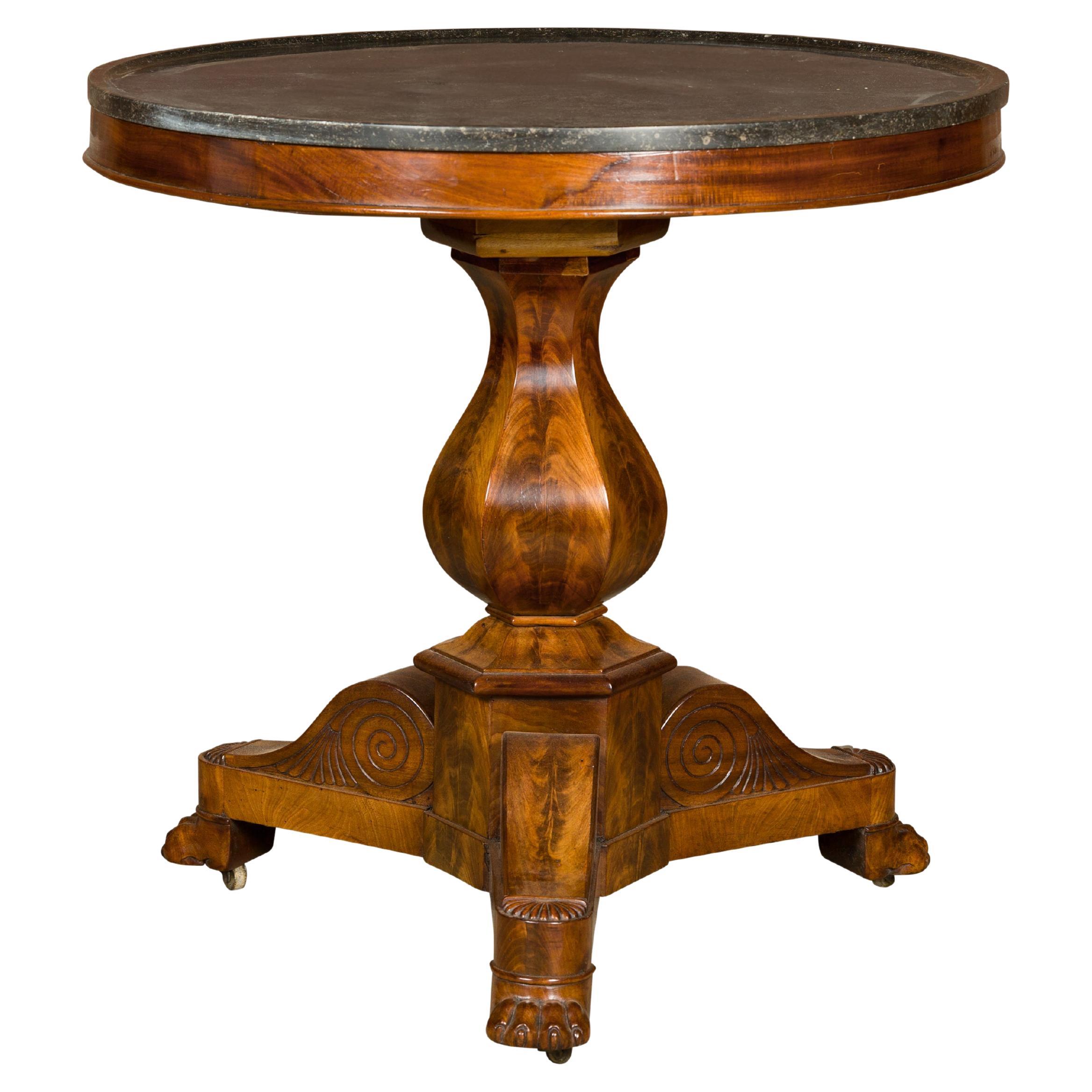 Walnut 19th Century French Pedestal Table with Black Marble Top and Tripod Base
