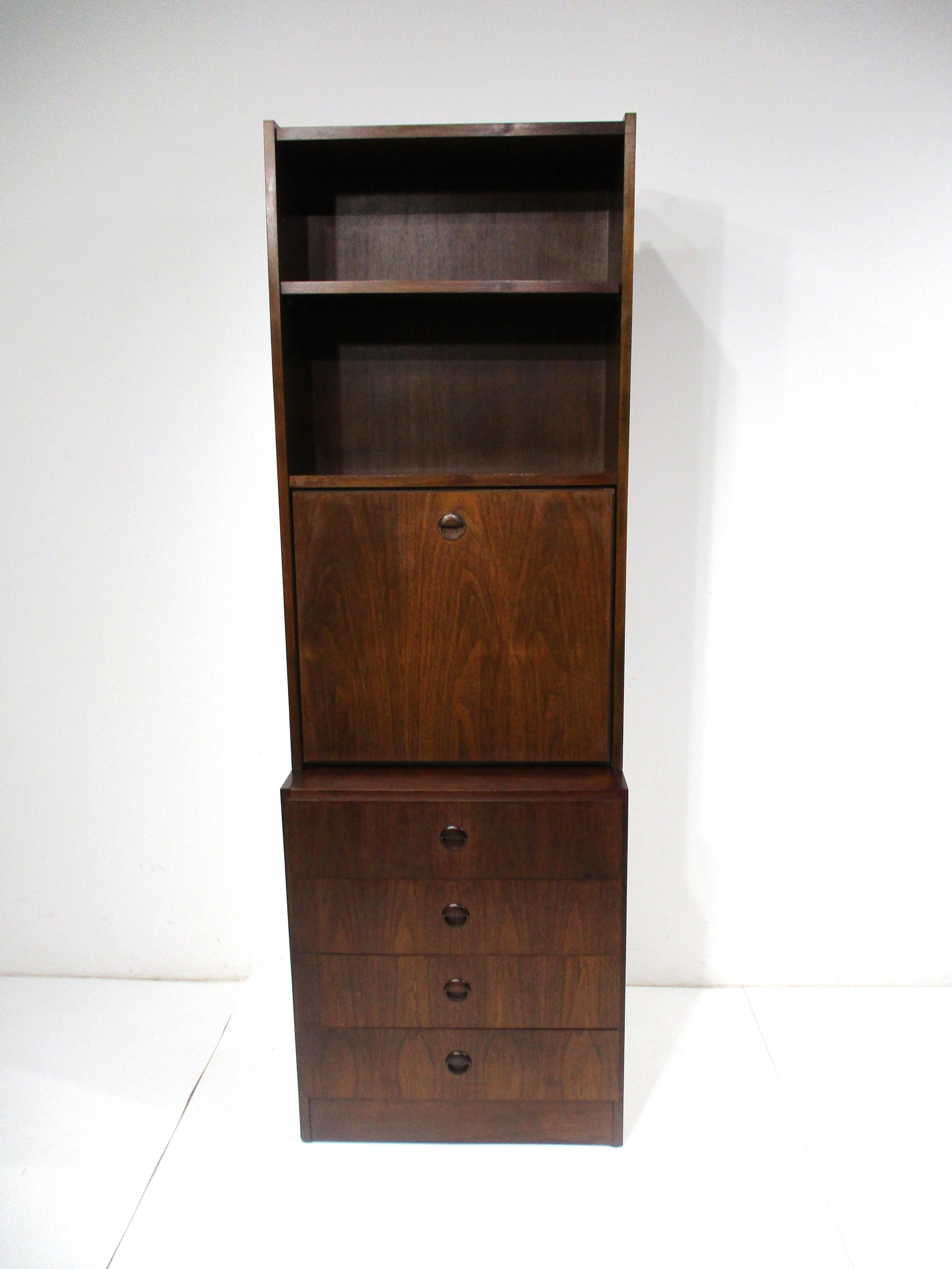 Mid-Century Modern Walnut 2 pc. Pull Down Desk w/ Bookcase Chest made in Belgium  For Sale