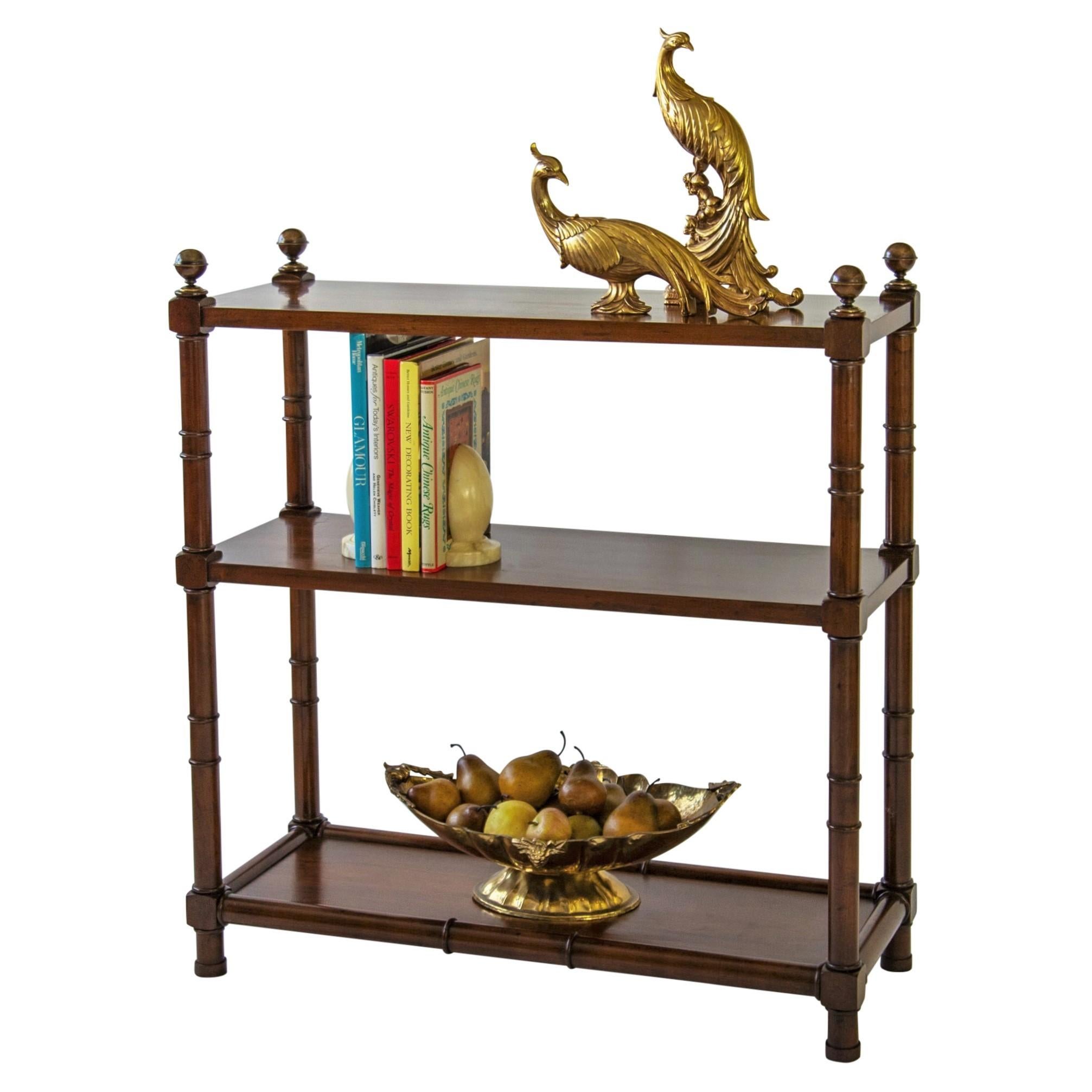 Walnut 3-Tier Étagère Bookcase with Brass Finials In Good Condition In Baltimore, MD