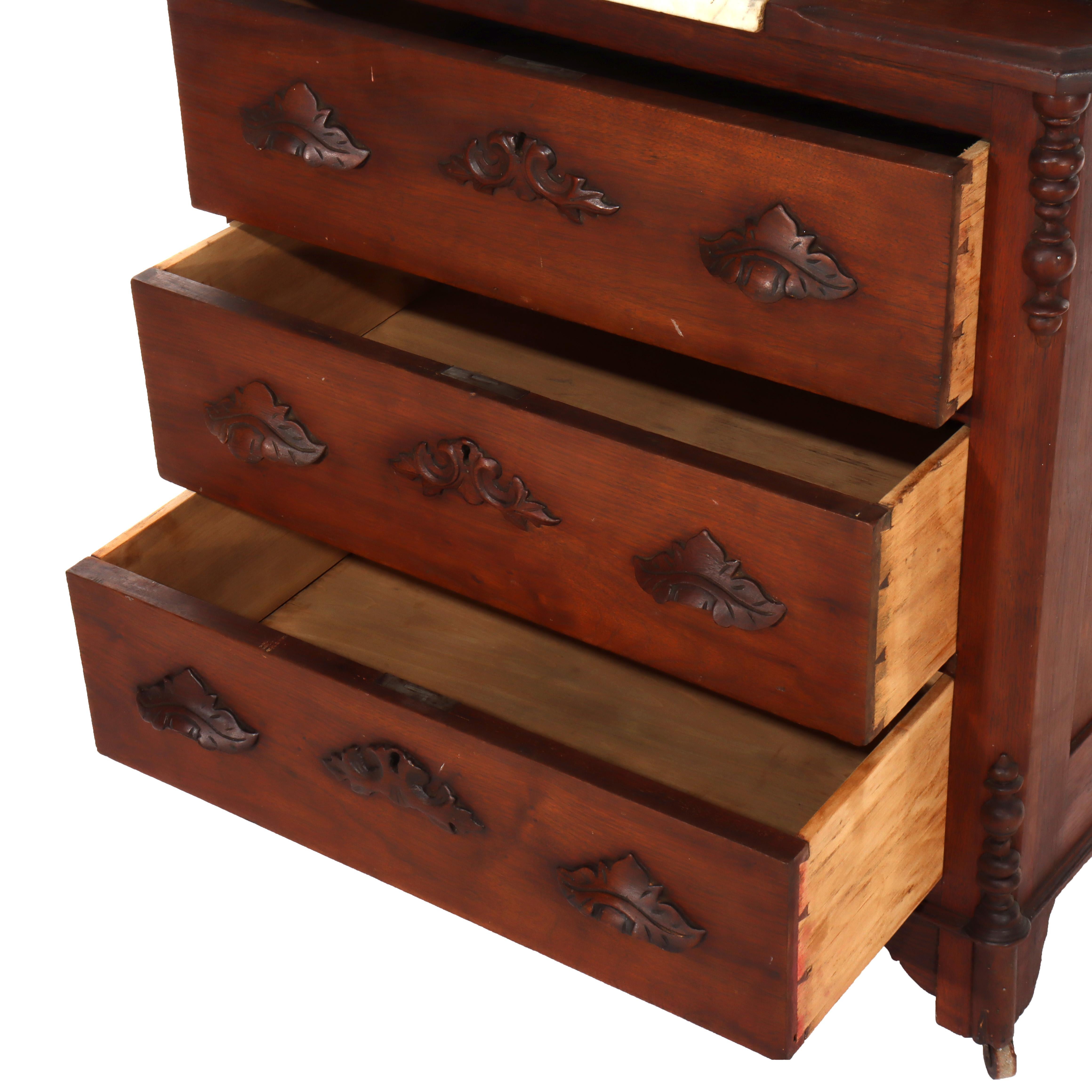 Comò in noce a 5 cassetti con piano in marmo per bambini con specchio e tiranti intagliati c1890 in vendita 10