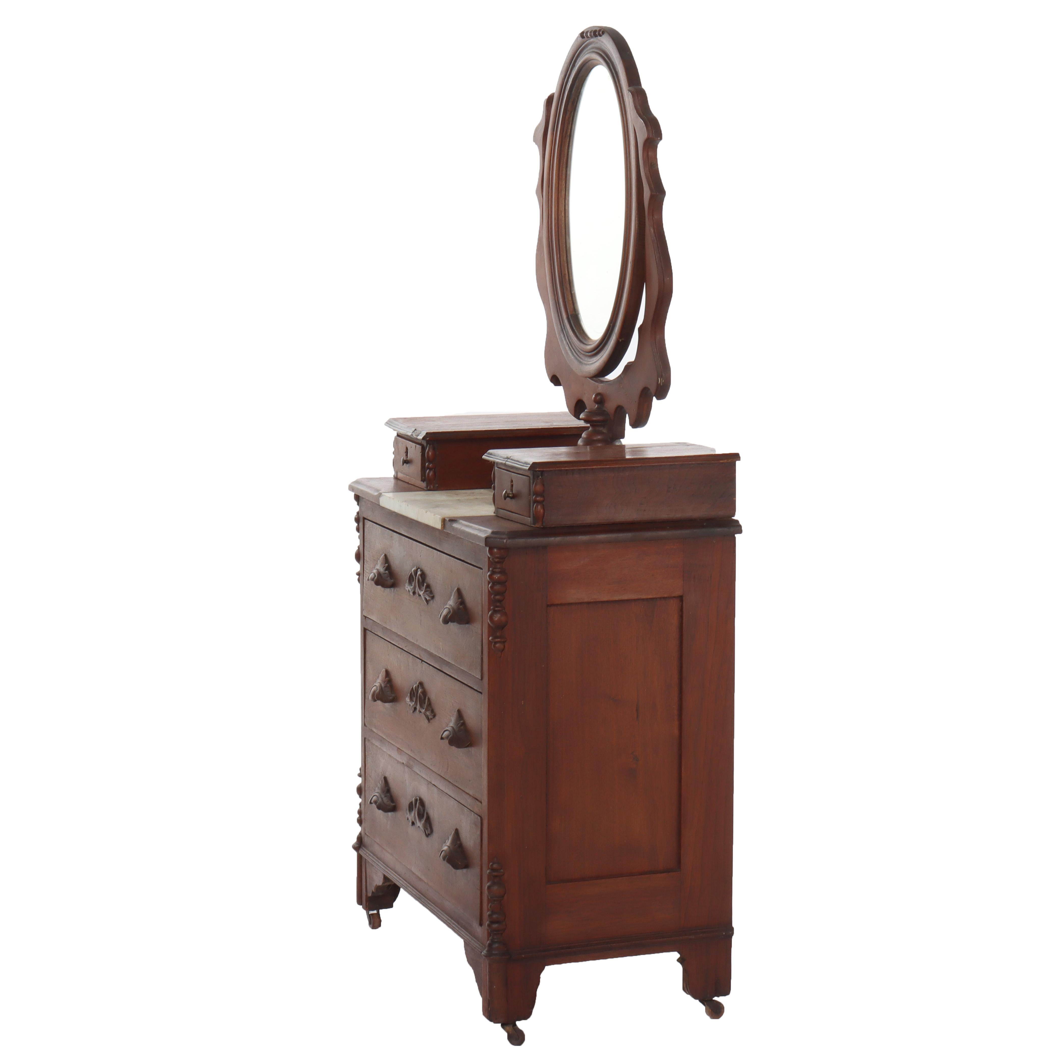 Comò in noce a 5 cassetti con piano in marmo per bambini con specchio e tiranti intagliati c1890 in vendita 14