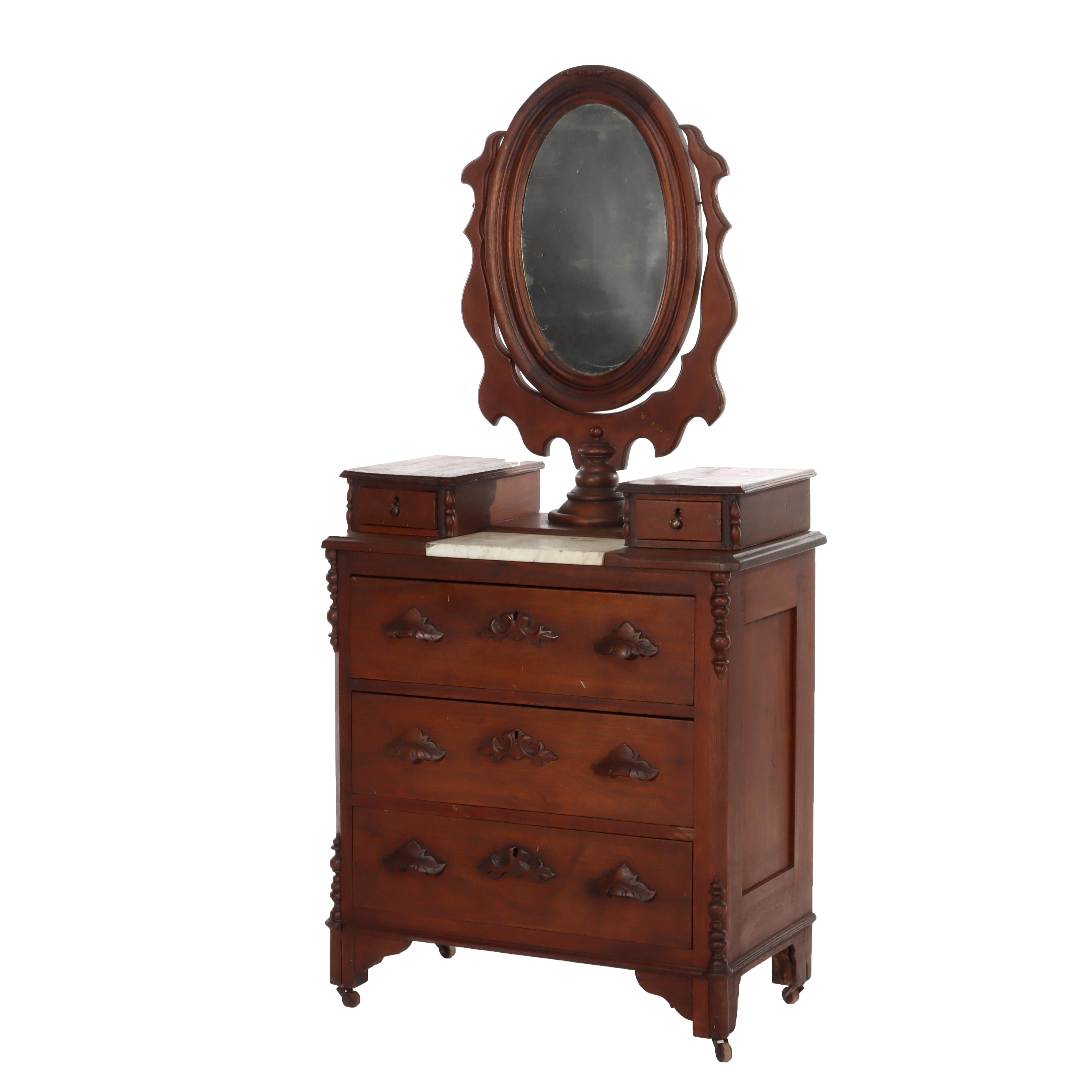 XIX secolo Com�ò in noce a 5 cassetti con piano in marmo per bambini con specchio e tiranti intagliati c1890 in vendita